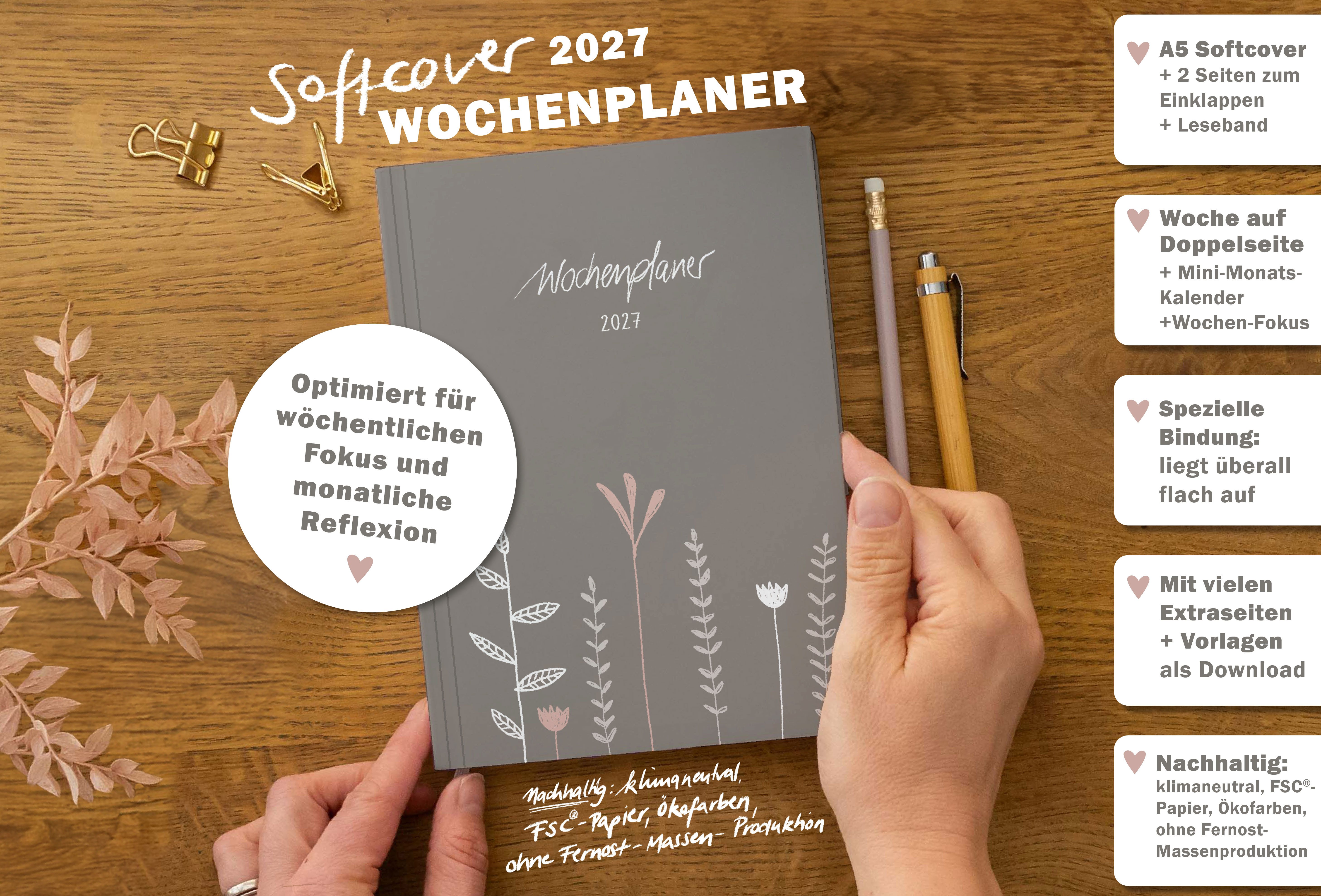 Eine der Guten Verlag Terminkalender Terminplaner 2027 - A5, grau rosa, 1 Doppelseite / Woche, 144 S. FSC-Papier, Softcover, klimaneutral – Bild 2 von 5