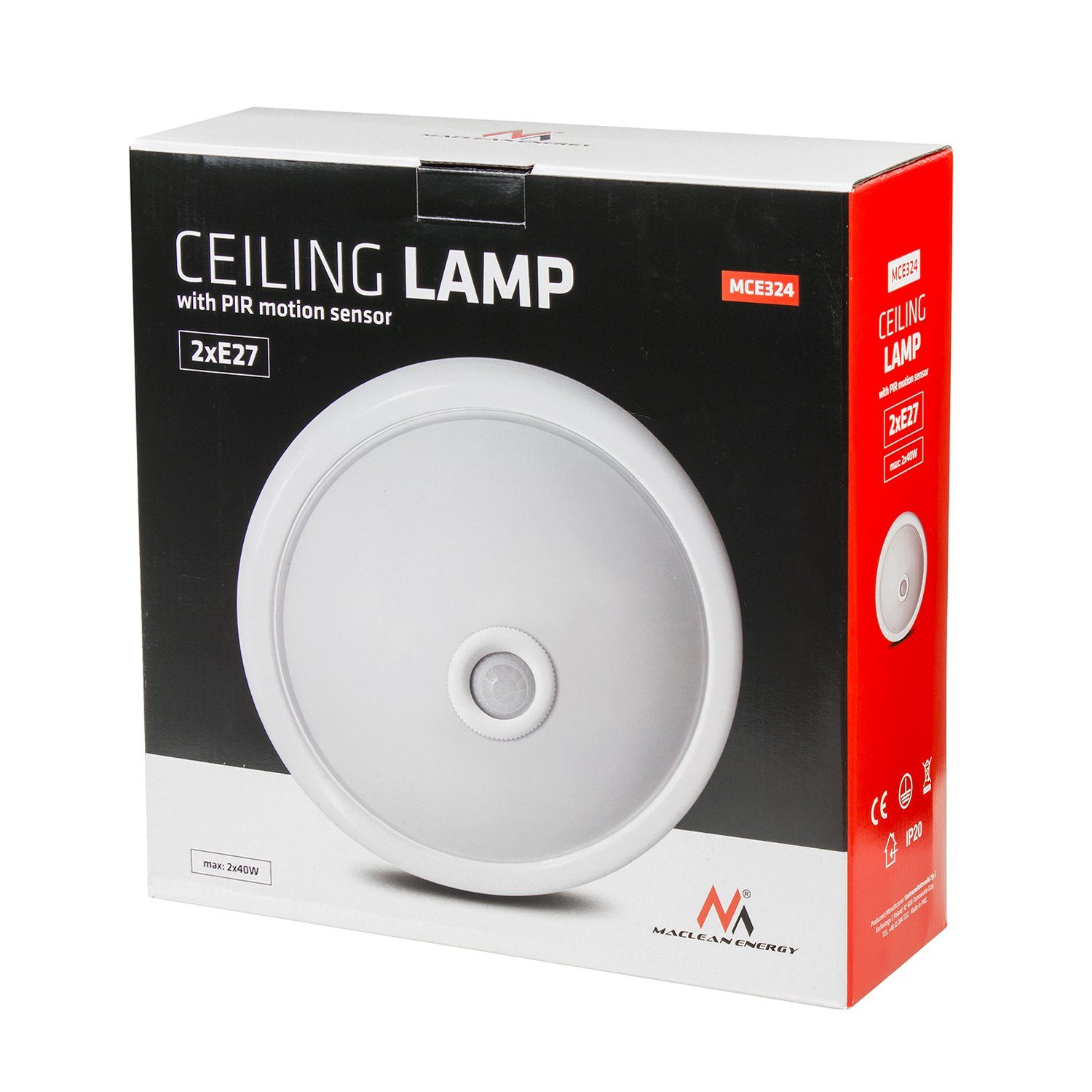Maclean Sensor MCE324 + 2xMCE268, LED-Plafon mit PIR-Sensor + 2 E27 8W Glühbirnen