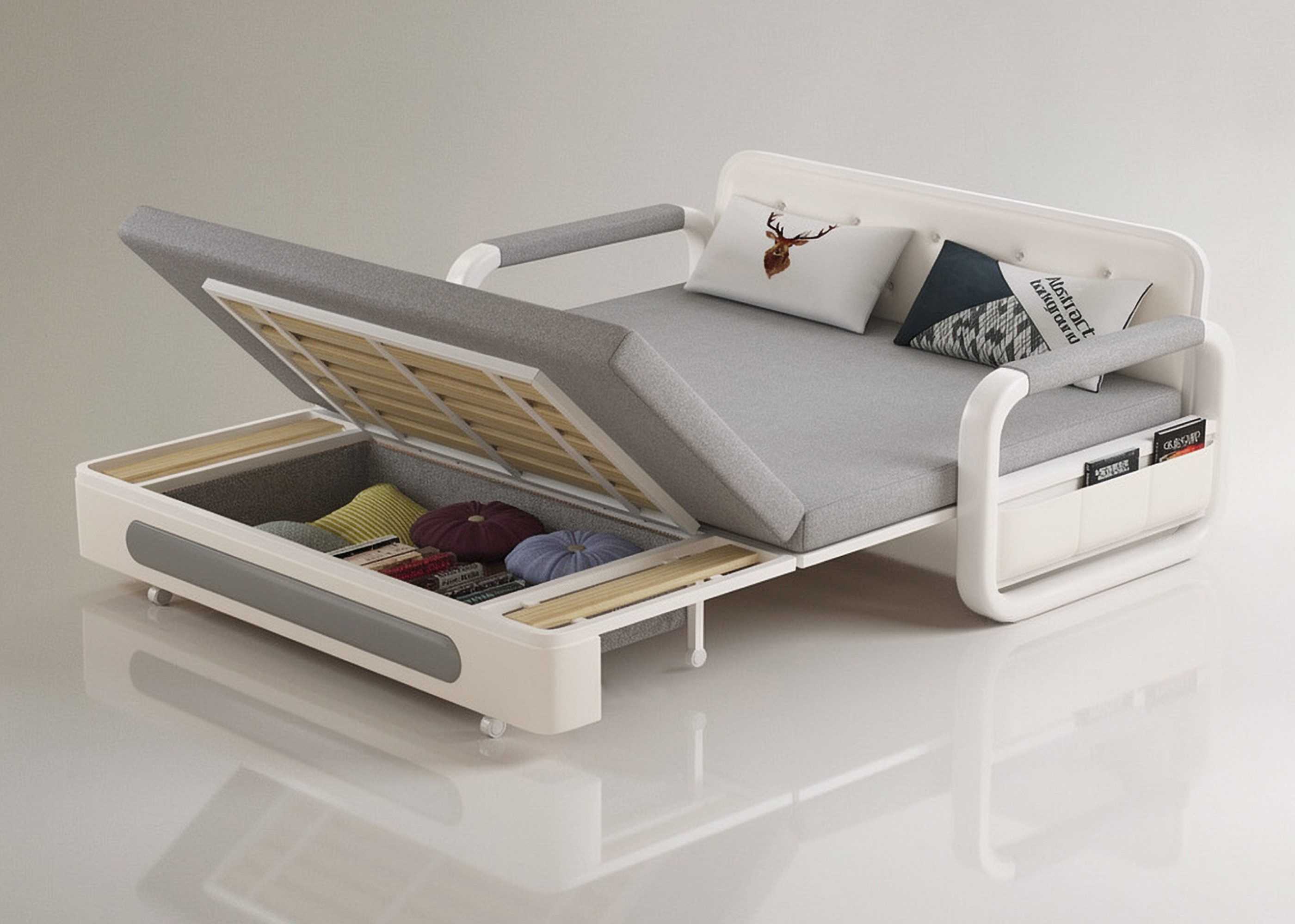 oleyluckidea Schlafsofa Ausziehbares Schlafsofa mit Stauraum für kleine Räume, Weiß, Set, Zum Bett umwandelbar