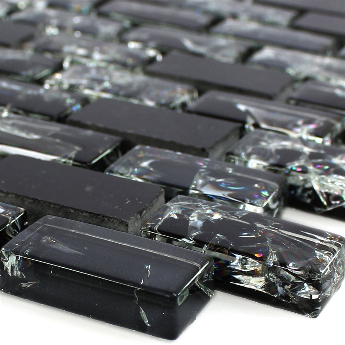 Mosafil Mosaikfliesen Glas Naturstein Mosaikfliesen Malawi Bruchglas Brick, Naturstein-Glas-Marmor 30.000x28.500, schwarz, Verlegefertig auf ein Netz geklebt - Frostsicher - Wasserfest