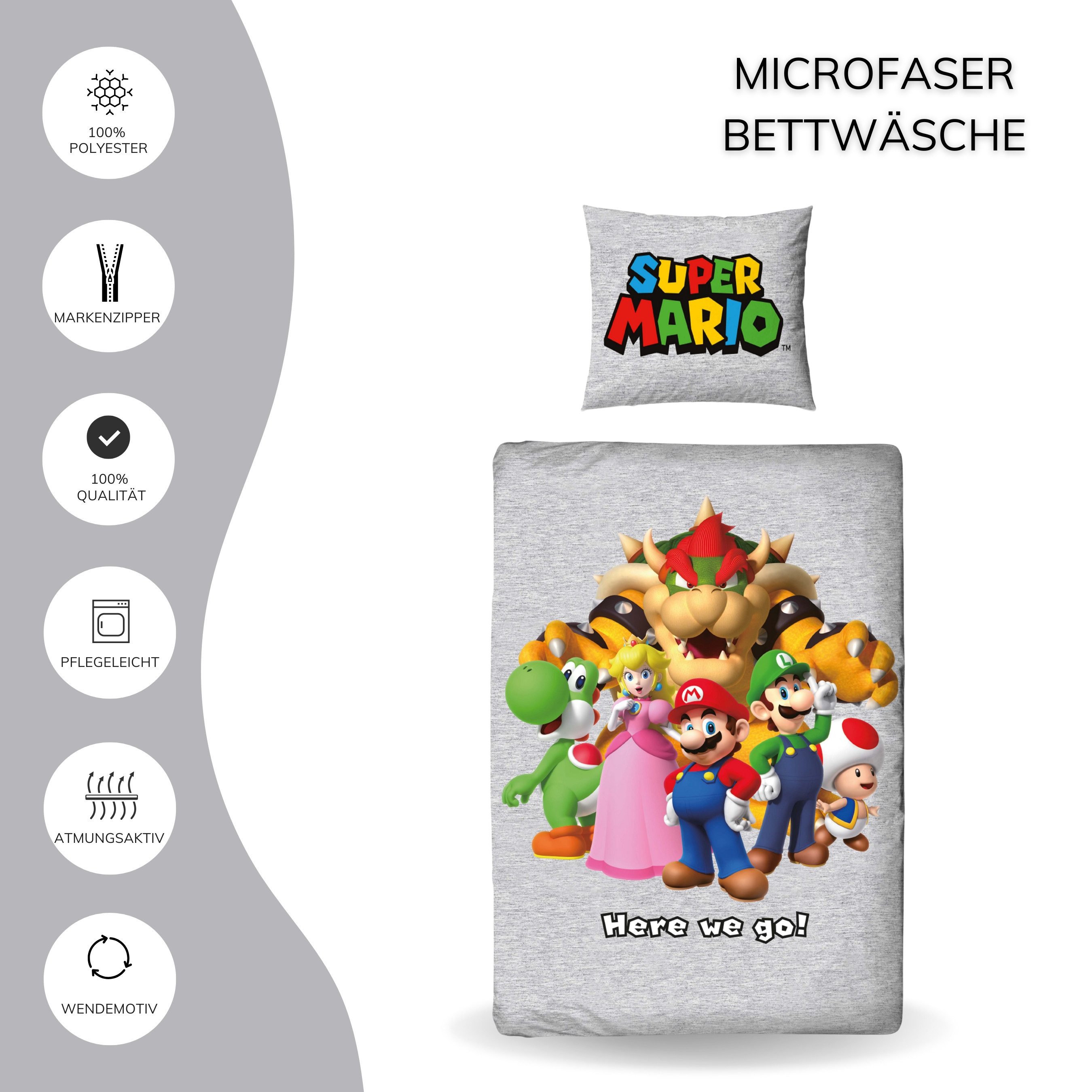 MTOnlinehandel Kinderbettwäsche Nintendo Super Mario in 135x200 + 80x80 cm, Geschenk für Gamer, Microfaser, 2 teilig, Wendebettwäsche für Mädchen und Jungen, Gaming