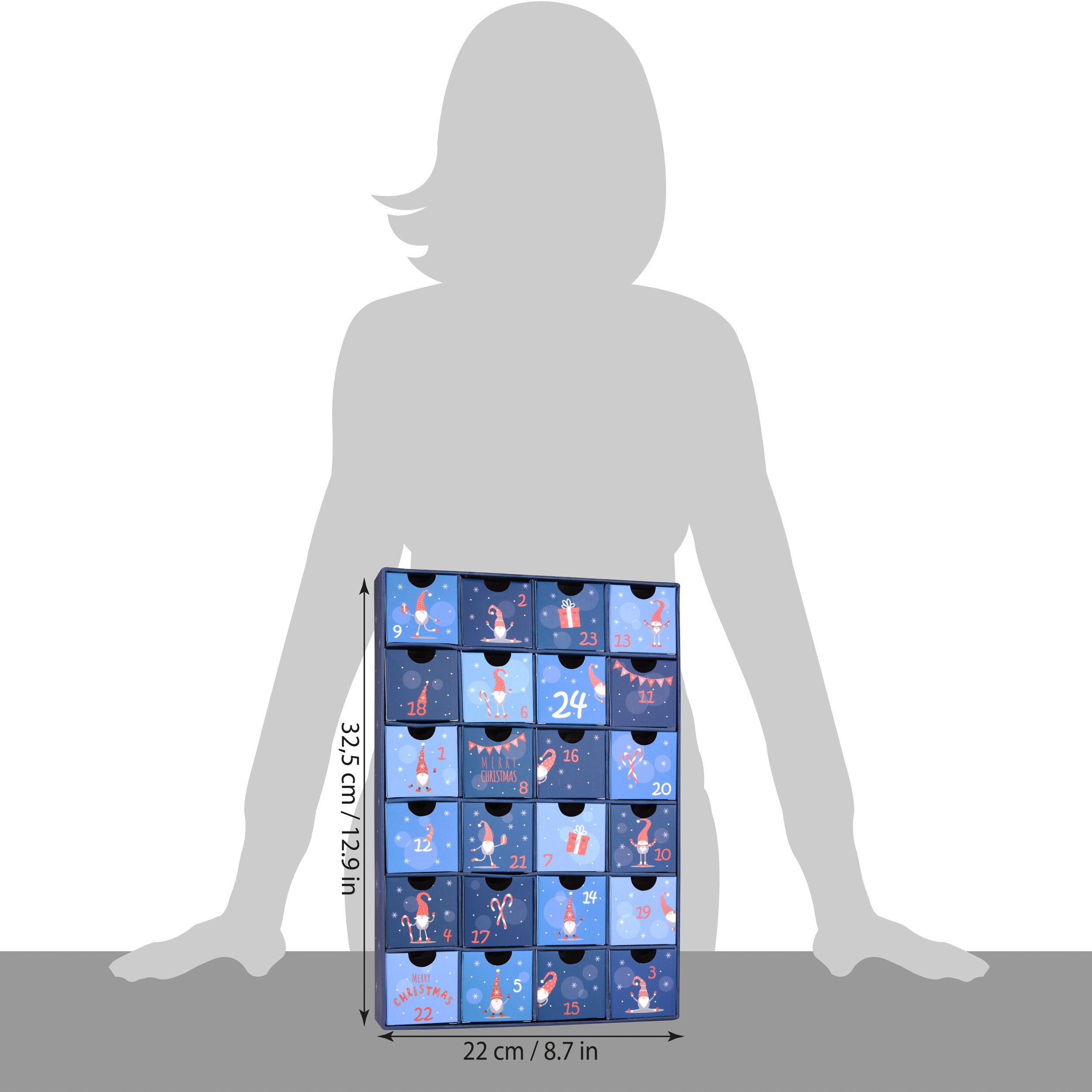 BRUBAKER befüllbarer Adventskalender DIY Weihnachtskalender mit 24 Türchen zum Befüllen Wichtel Zwerge Blau (Wiederverwendbar, 1-tlg), Kalender für Gutscheine Süßigkeiten 32,5 cm Pappe