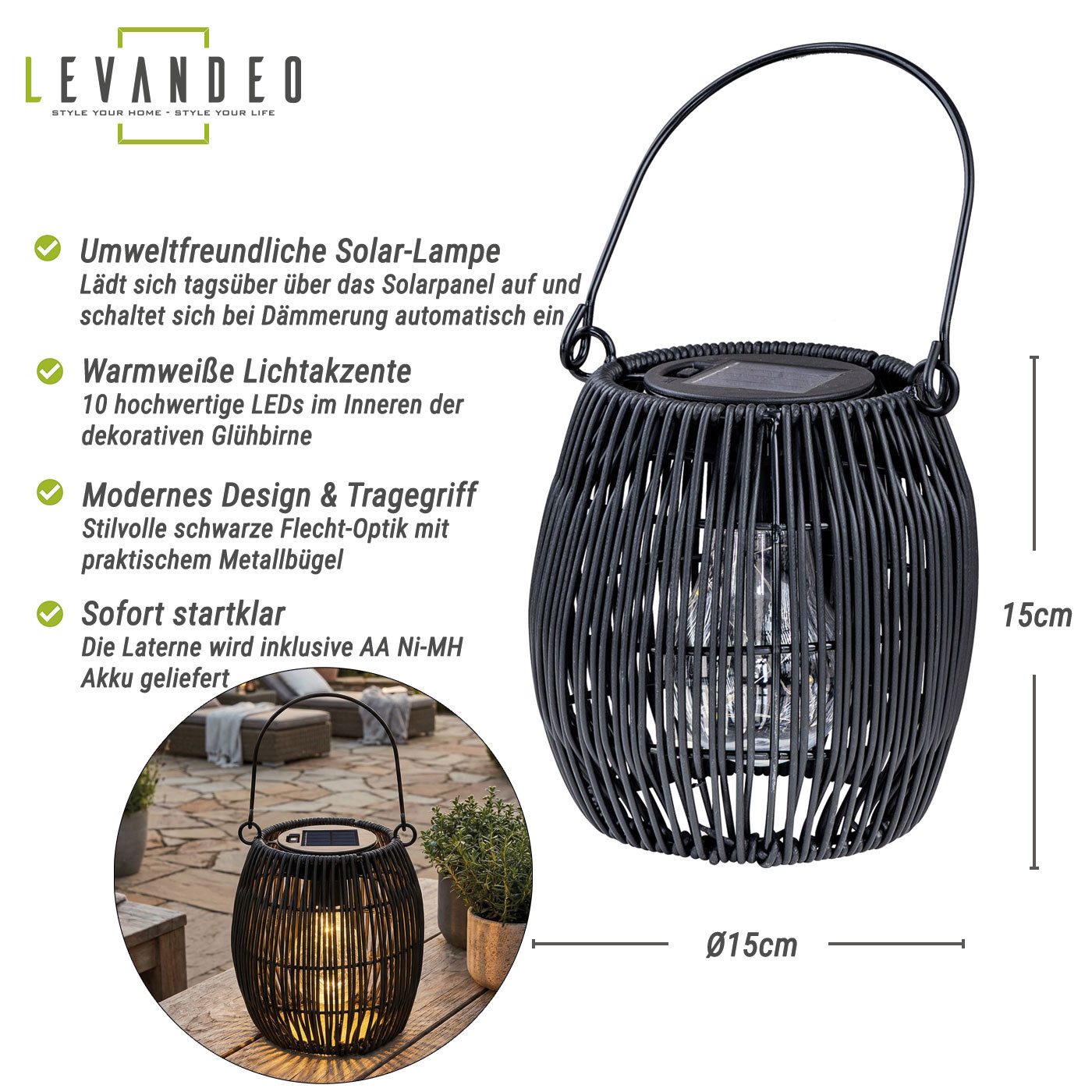 Levandeo® LED Solarleuchte, Solar Dekoleuchte Rund Schwarz Tischleuchte Akku Garten Beleuchtung