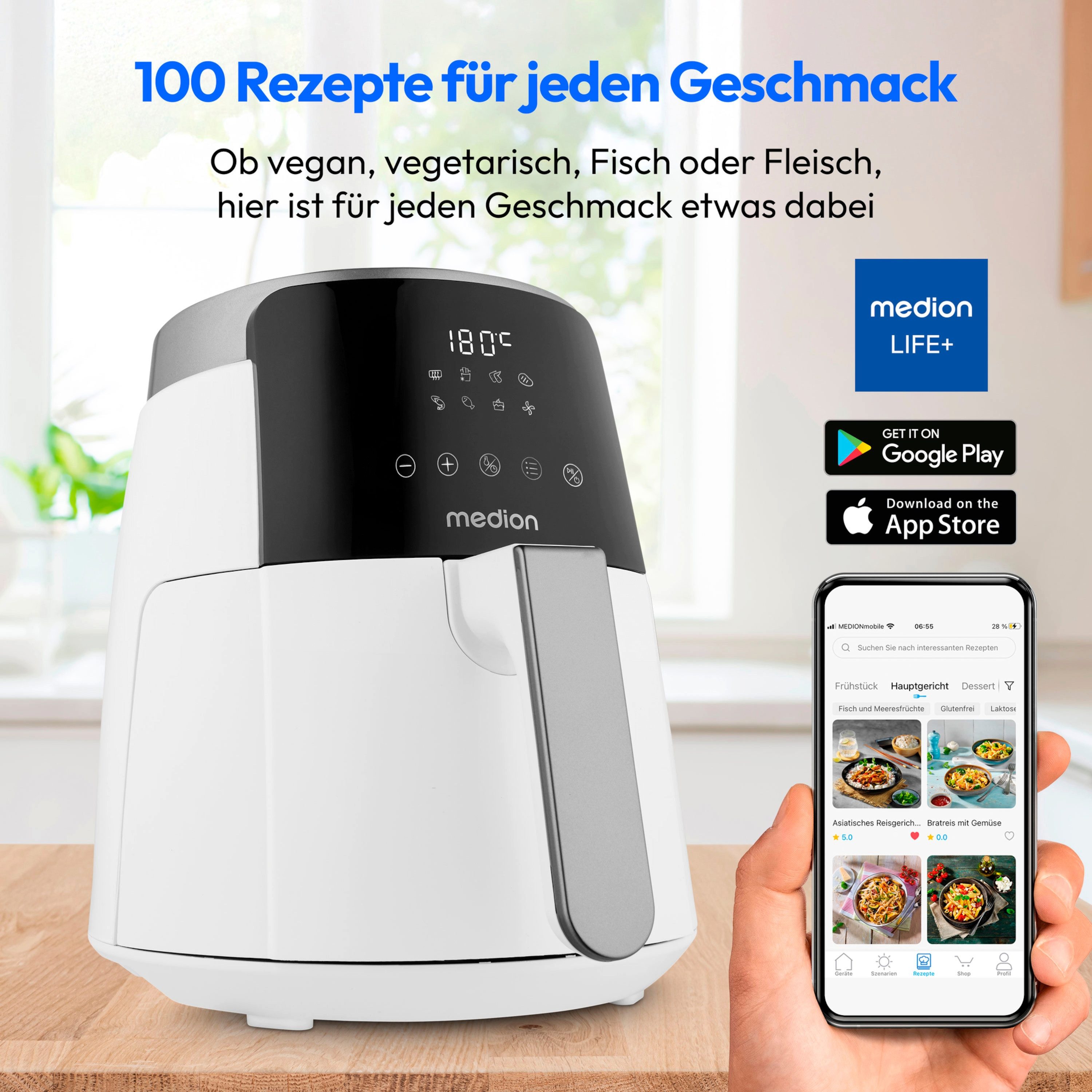 Medion® Heißluftfritteuse MD13030, 1500 W, 4,7 Liter, ölfreies Frittieren, 60 Min Timer, Antihaft-Beschichtung
