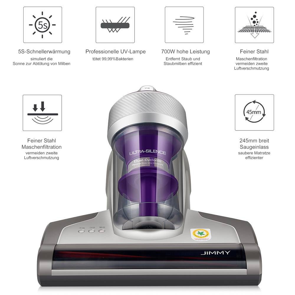 Jimmy Matratzenreinigungsgerät JV35 Milbenstaubsauger, 700,00 W, UV-C Licht, Hausstaubmilbensensor, Doppelter Zyklon