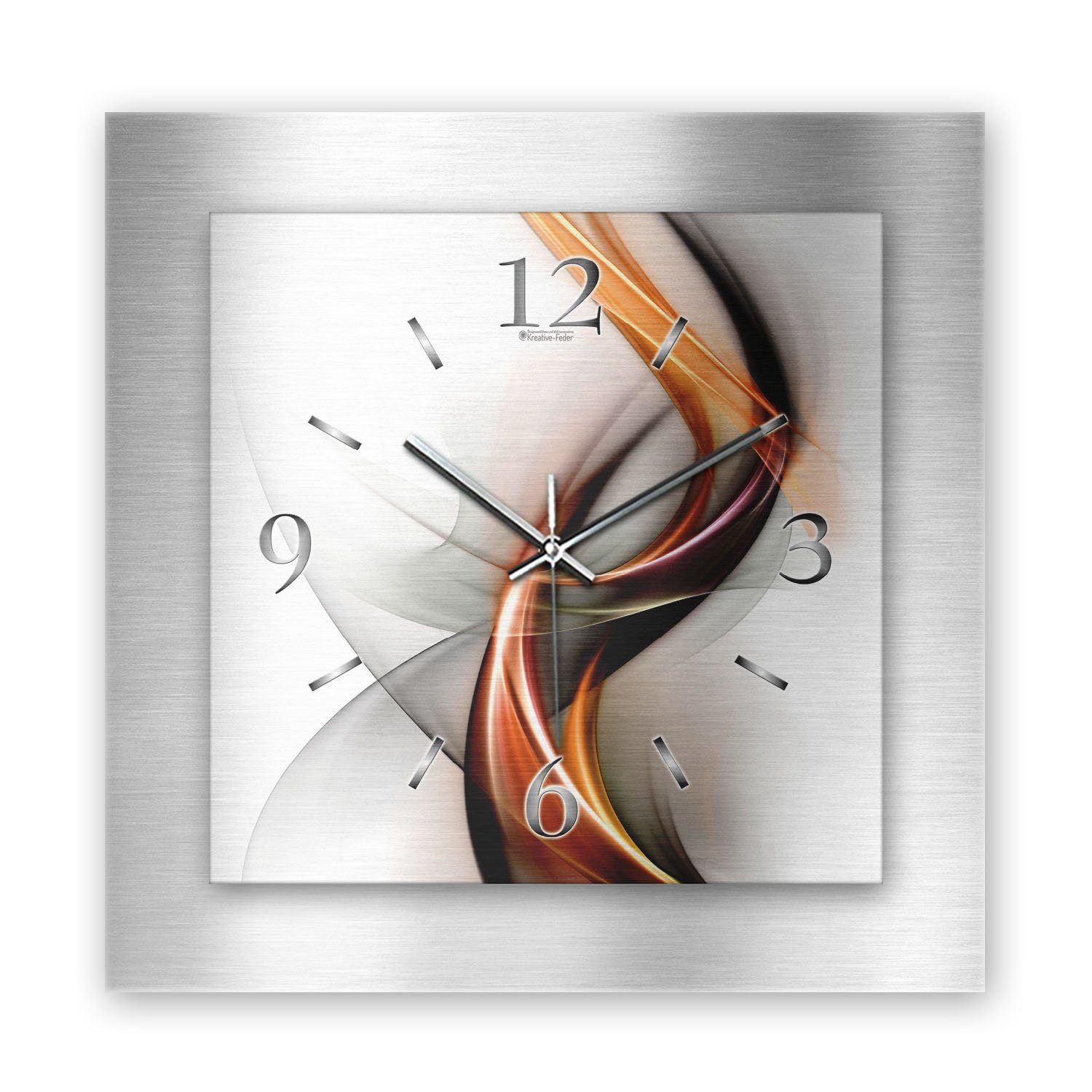 Kreative Feder Wanduhr 3D Designer-Wanduhr „Abstrakt Flamme“ aus gebürstetem Aluminium (3D-Wölbung; einzigartiges Zwei-Platten-Design; flüsterleises Uhrwerk)