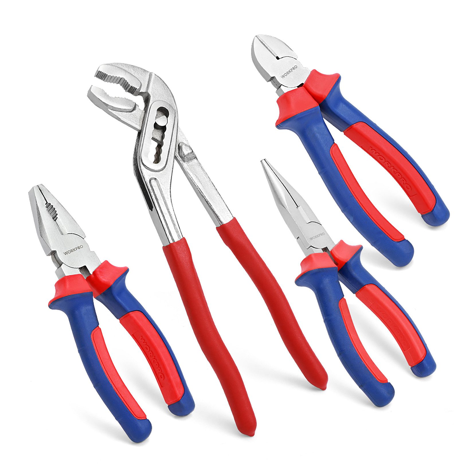 WorkPro Щипцыset 4-teiliges Щипцыset für Haushalt und Profis, 4-tlg., Kombizange, Spitzzange, Seitenschneider, Wasserpumpenzange