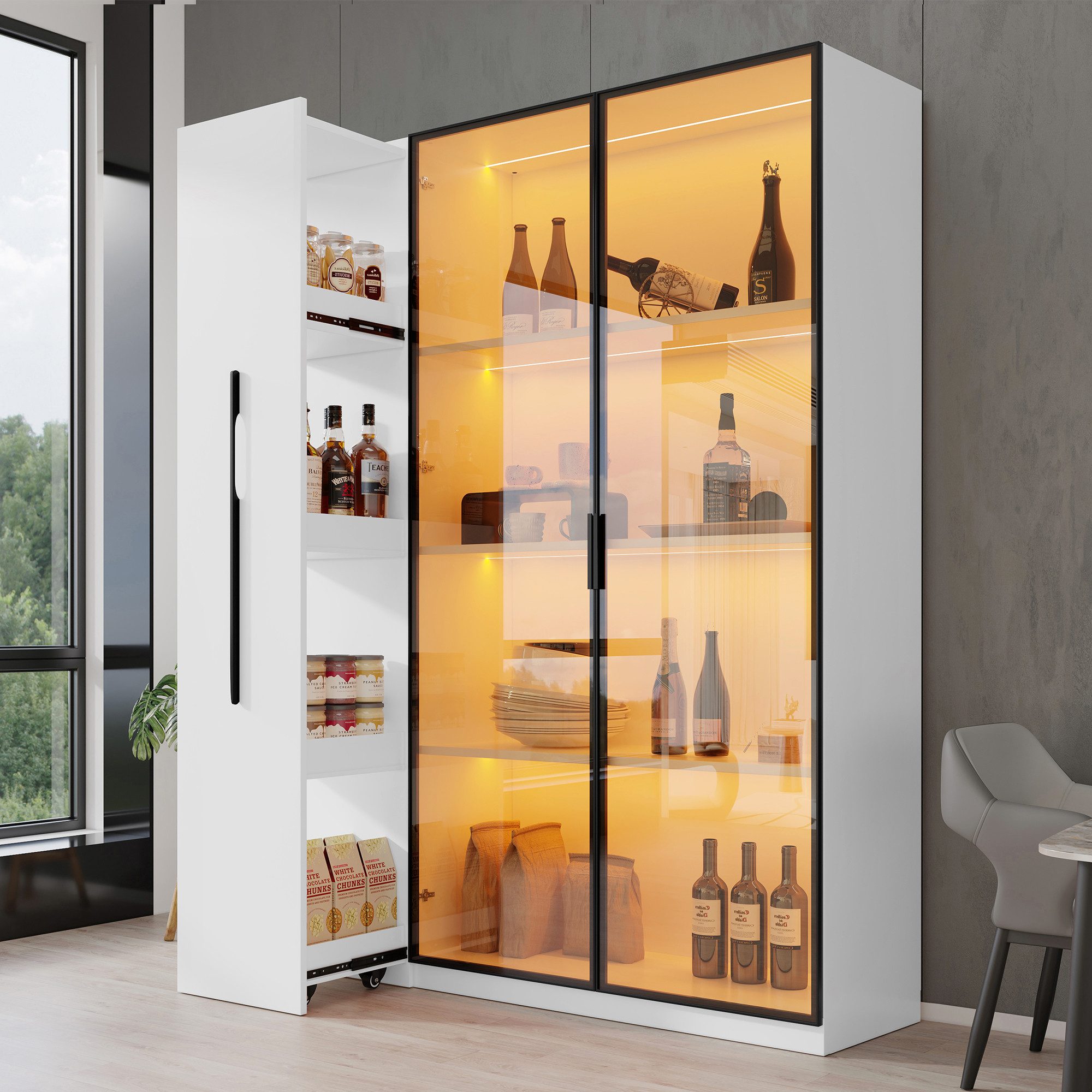 Merax Glasvitrine (2-in-1-Design Multifunktionsschrank Vitrinenschrank, 1-St., 110.5x35x160cm) LED-Vitrine mit Glastür & seitlichem Rollregal,Hochschrank Bücherregal