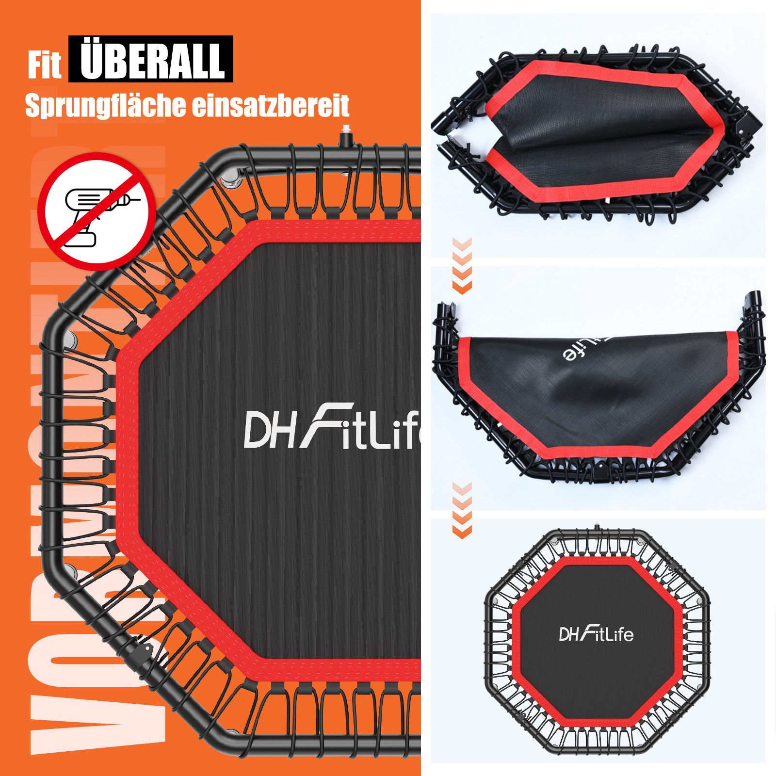 DH FitLife Fitnesstrampolin Indoor klappbar Ø 121 cm, 150 kg belastbar, Ø 121 cm, 3-fach verstellbarer Handgriff, stabil & geräuscharm