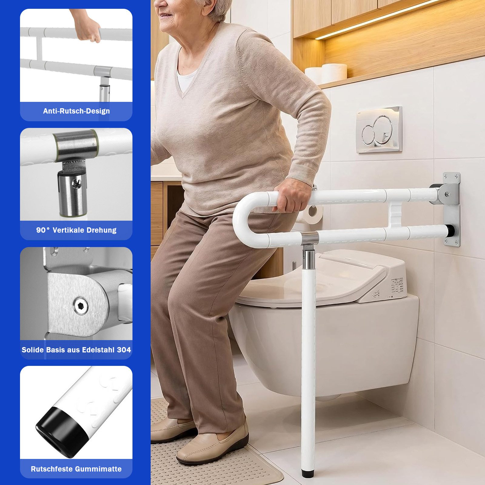 AKKEE WC-Aufstehhilfe WC Stützgriff zu Wandmontage - Stützhilfe Aufstehhilfe, Edelstahl-Handlauf 200 kg