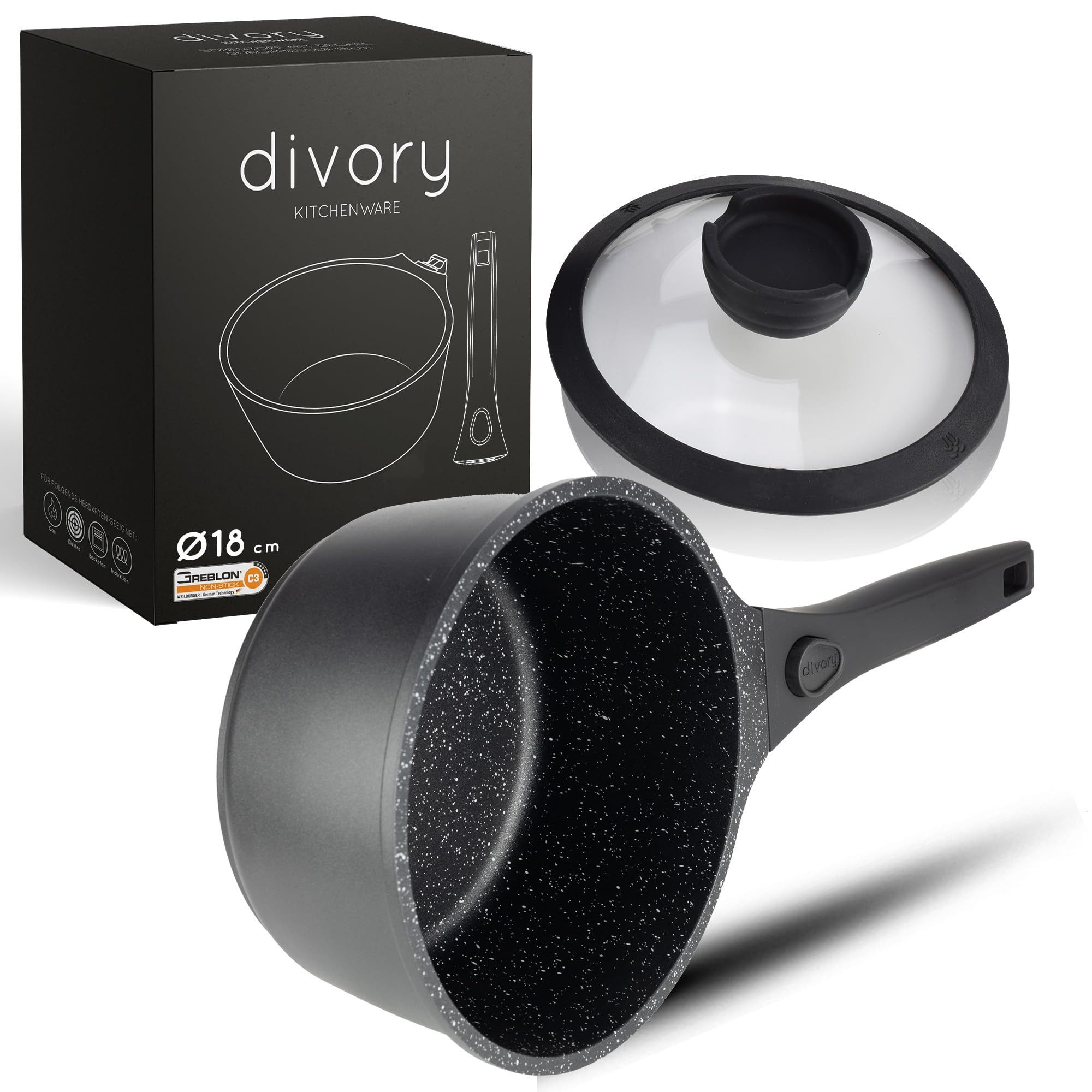 divory Kasserolle 18cm Abnehmbarer Griff - 2L Stielkasserolle mit Deckel, Aluminium (Induktion, Spülmaschinen geeignet & Backofenfest, Schwarz), Stieltopf klein - Milchtopf beschichtet, abnehmbarer Stielgriff