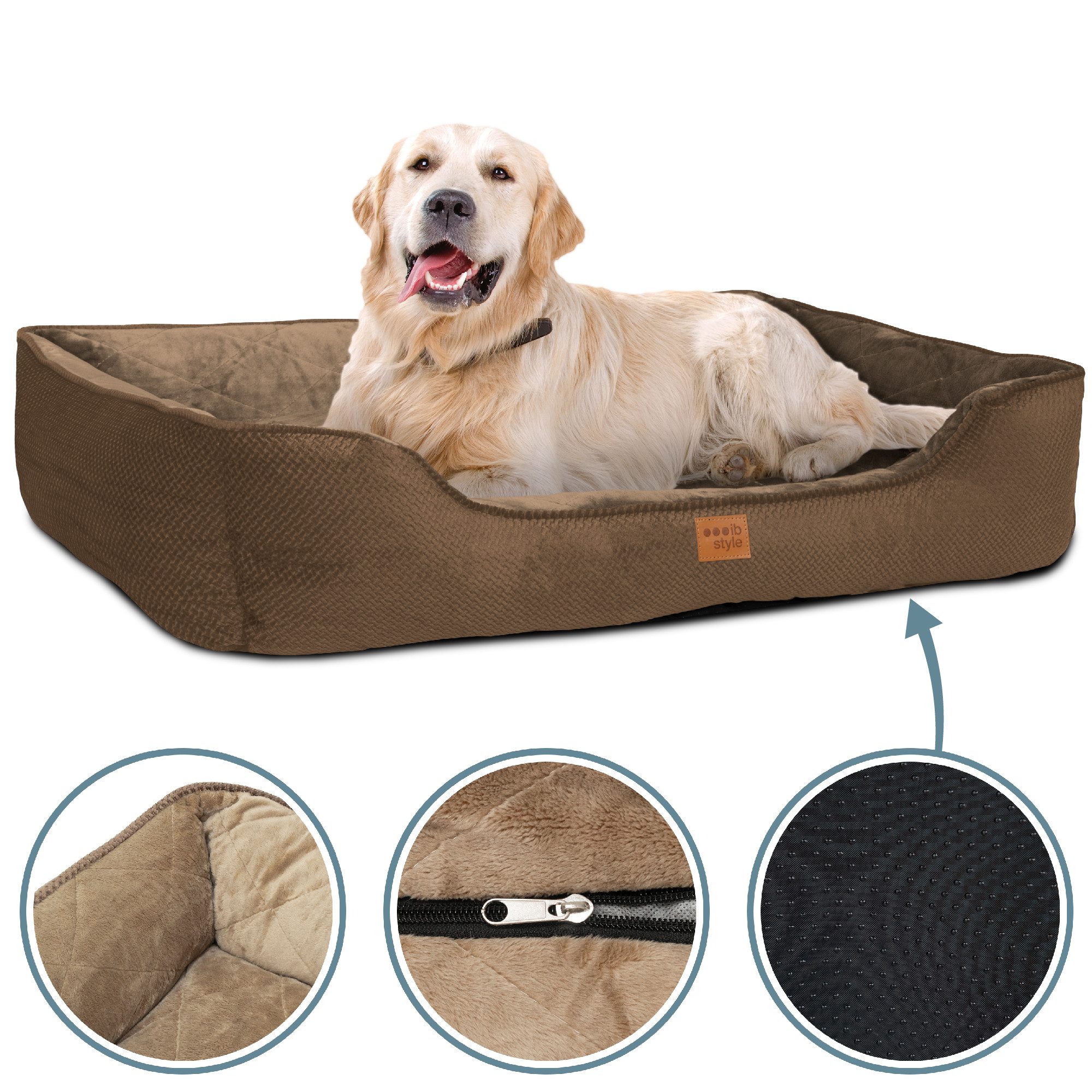 ib style Tierkissen Happy Milo L 100x80cm Braun, Körbchen - mit Reißverschluss - Anti-Rutsch Unterseite
