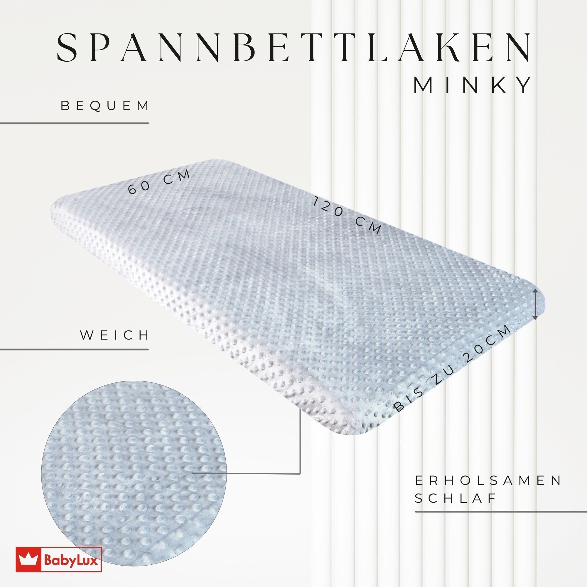 BabyLux Spannbettlaken BABYLUX Spannbettlaken MINKY 60x120 70x140 90x200 120x200, Gummizug: ja, 60x120cm grau