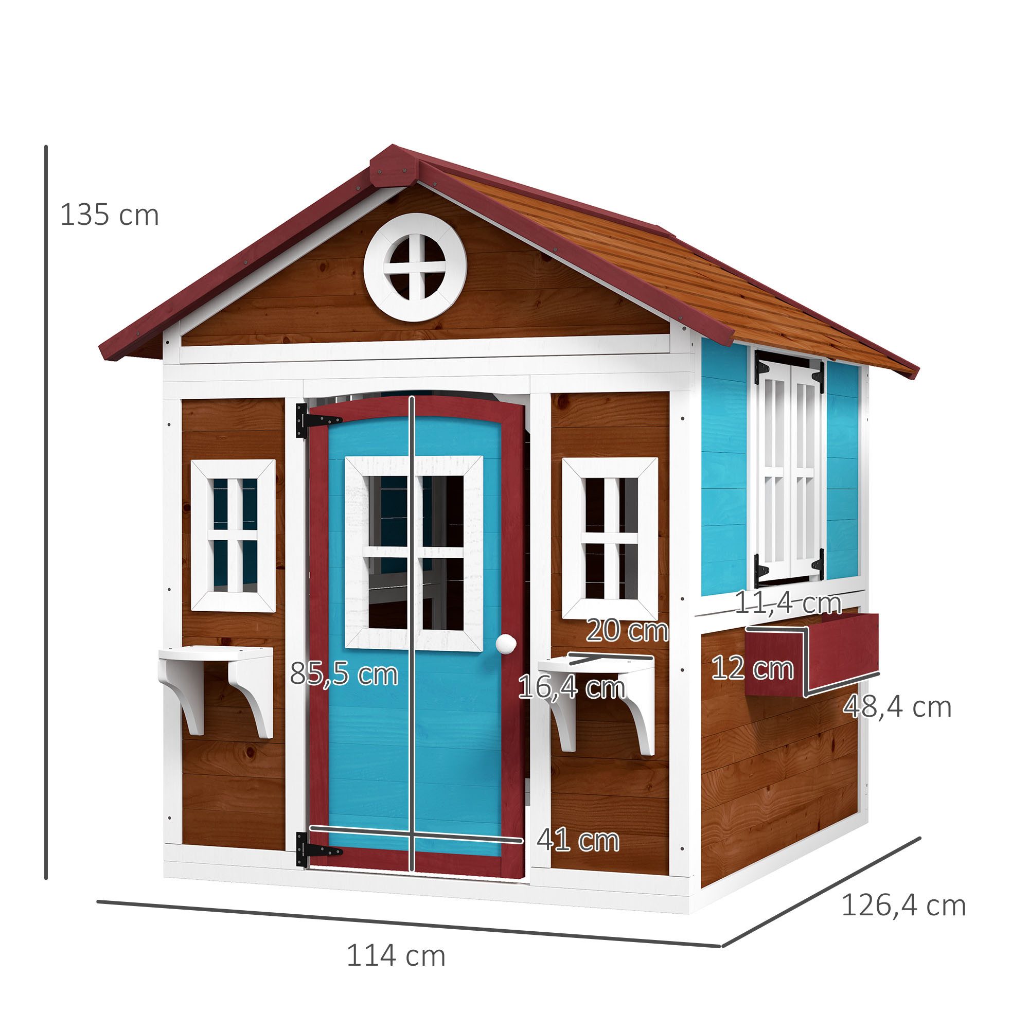 Outsunny Spielhaus Kinderspielhaus aus Holz mit Fenster, Blumenregal, Pflanzenkasten, Tür, Gartenhaus für Kinder 3-8 Jahre Dunkelbraun