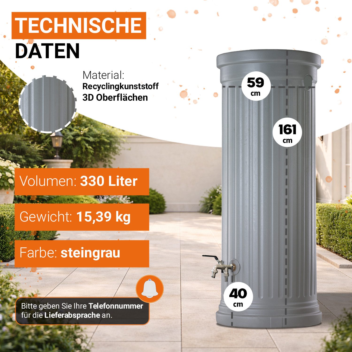 GARANTIA Regentonne Säulentank Komplett-Set 330 L, steingrau, 330 l