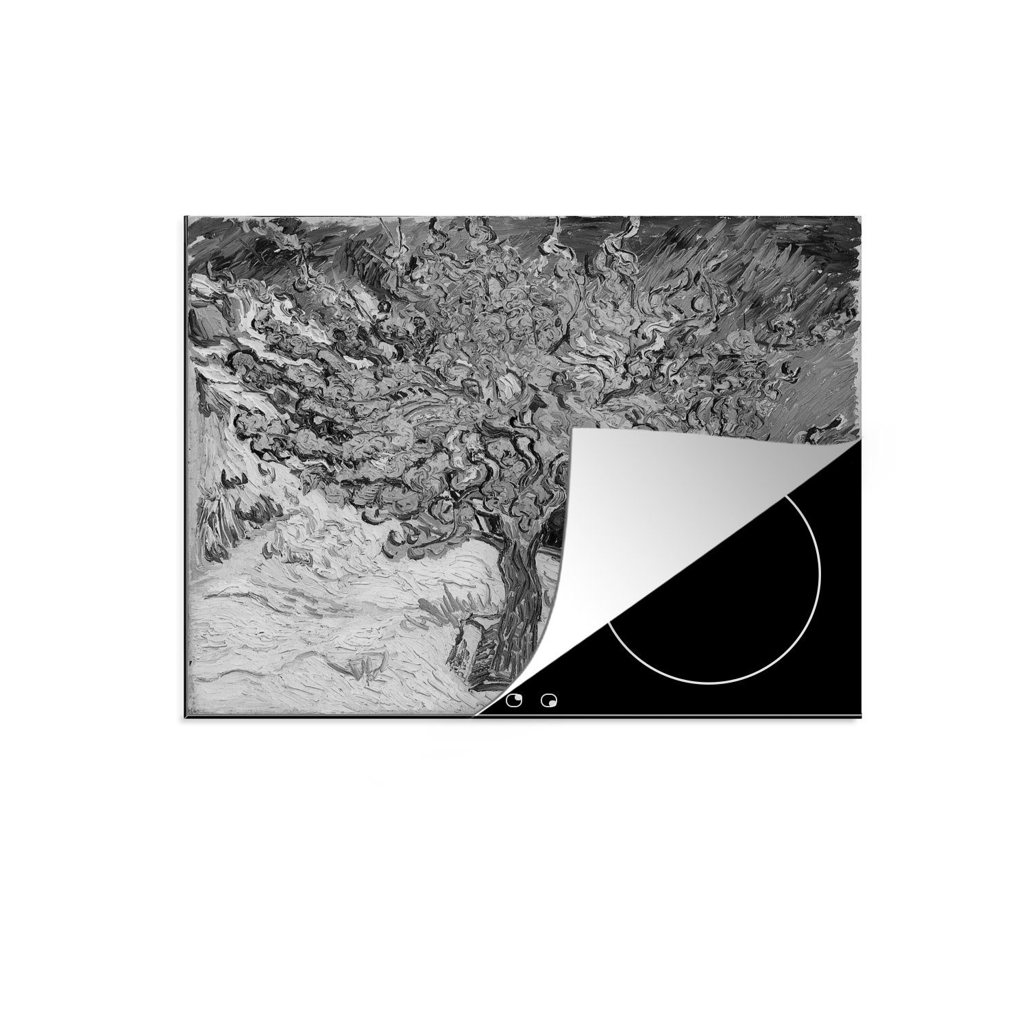 MuchoWow Herdblende-/Abdeckplatte Der Maulbeerbaum - Vincent van Gogh - Schwarz und weiß, Vinyl, (1 tlg), 59x52 cm, Ceranfeldabdeckung für die küche, Induktionsmatte