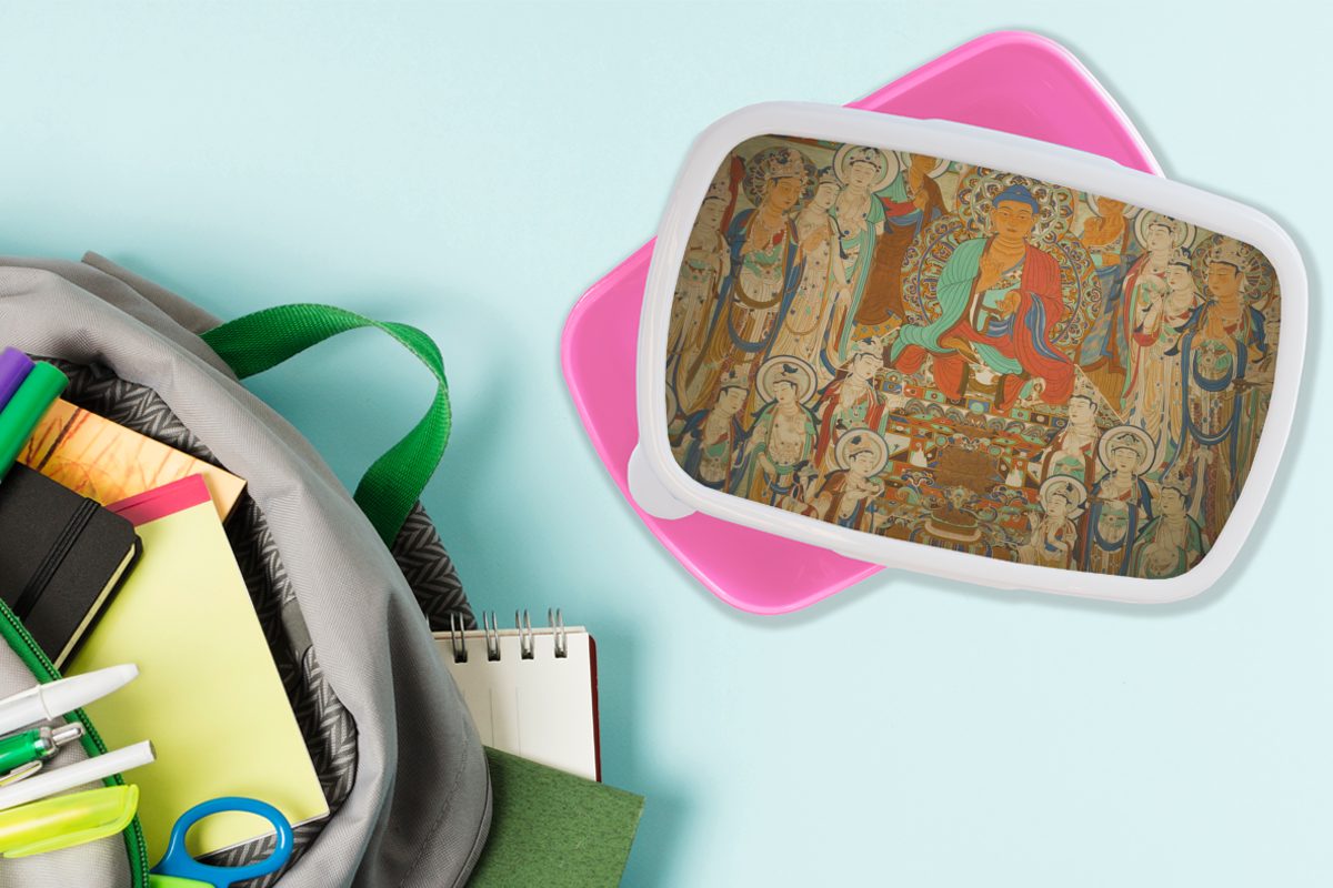 Erwachsene, Brotbox MuchoWow Malerei Mädchen, Snackbox, (2-tlg), rosa Kunststoff, für der Kunststoff Kinder, Brotdose in Höhle, Lunchbox
