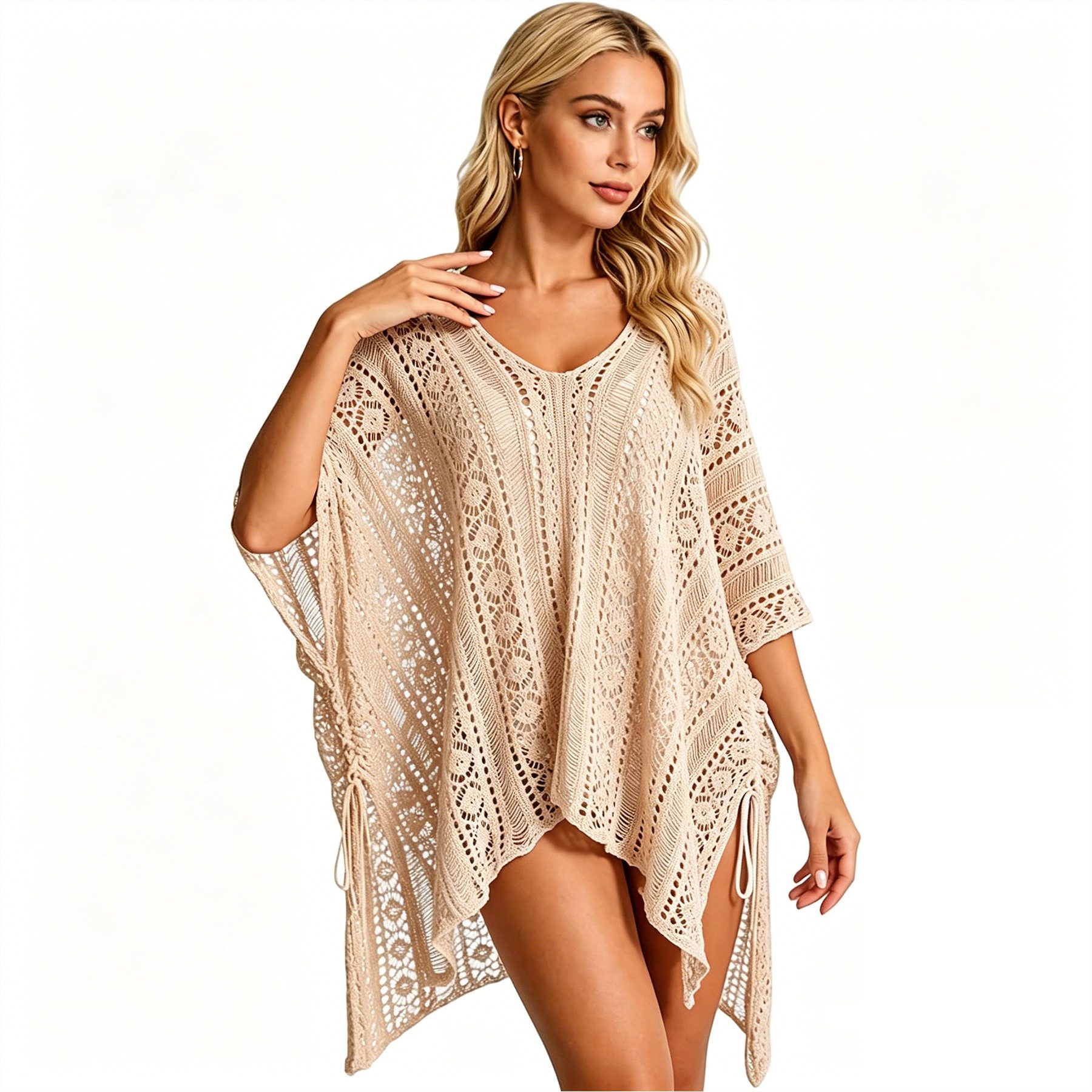 Mutig Strandkleid Damen Bikini Cover Up Strandkleid V-Ausschnitt Poncho gestrickt Kleid (Sommer Sexy Kleider mit Cutout Crochet,Strand Strandtunika, Boho-Stil Häkelkleid Strandurlaub Badeanzug Strandponcho Longbluse) Lockeres, bequemes Kleid ideal für Sommer, Strand, Meer und Urlaub