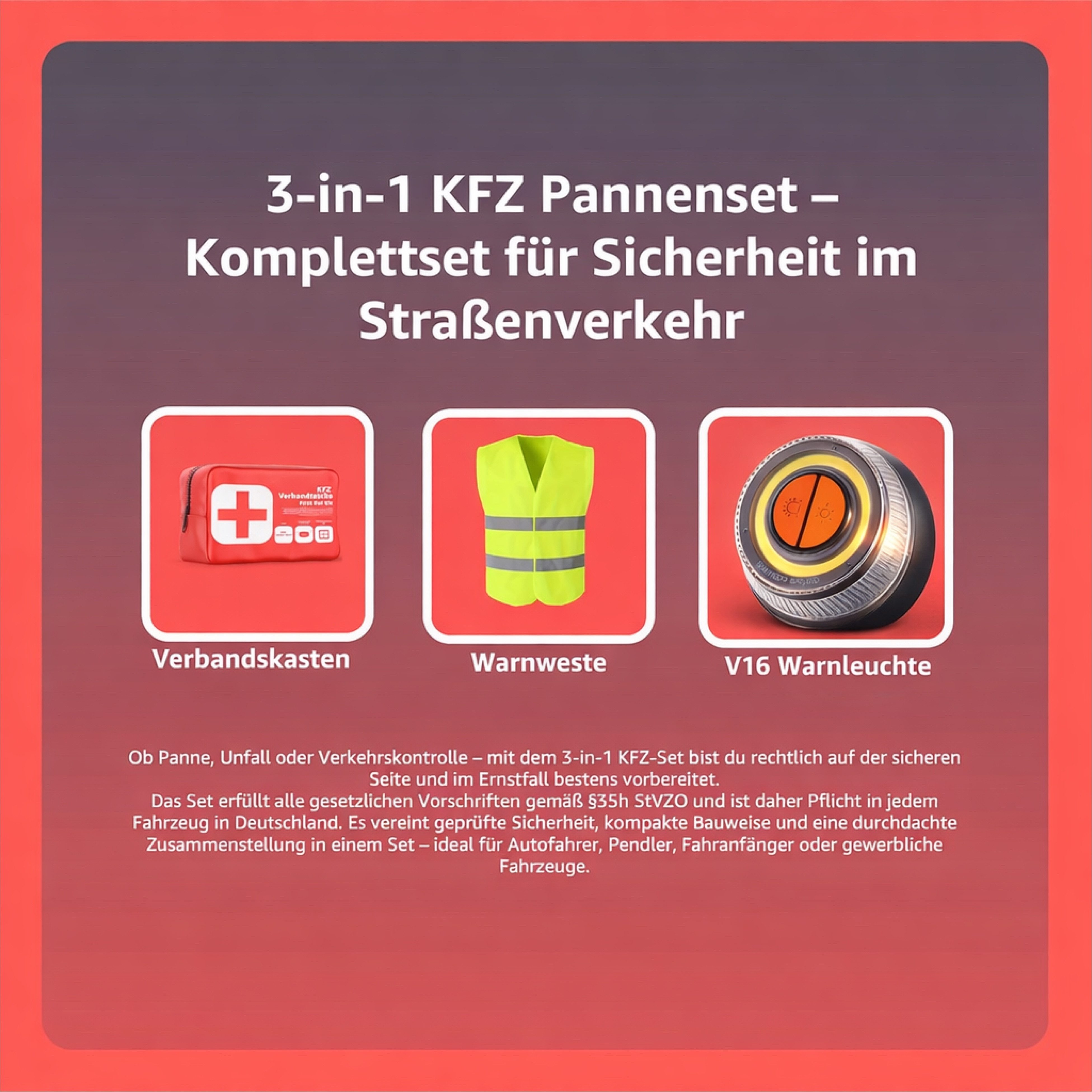 POWR Car Erste-Hilfe-Set Set 3 in 1 - Warnleuchte V16 - Warnweste & Verbandskasten - IDIADA, (Set, 1 St)