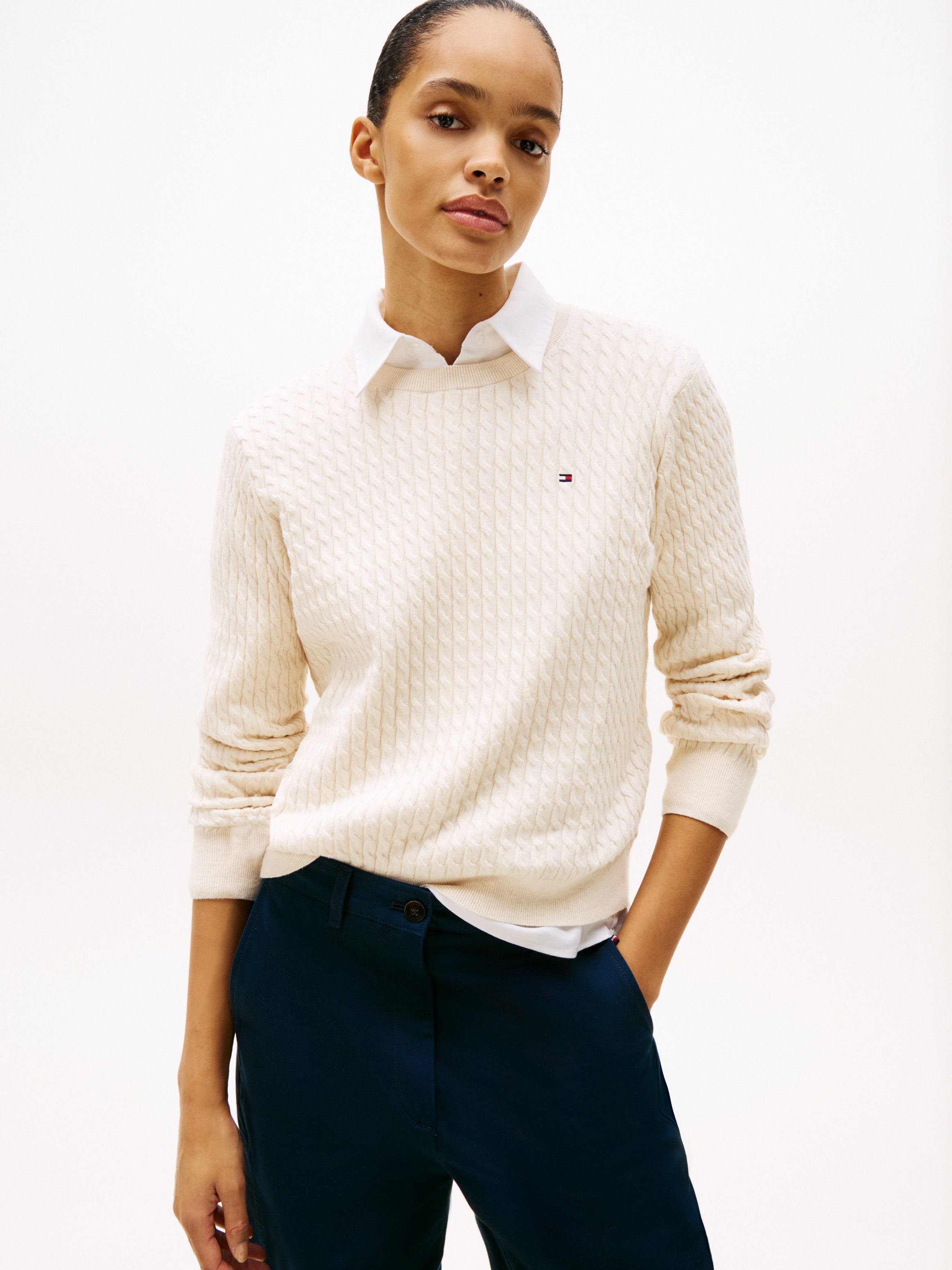 Tommy Hilfiger Rundhalspullover CO CABLE C-NK LS SWEATER Baumwolle, mit Zopfmuster, Regular Fit