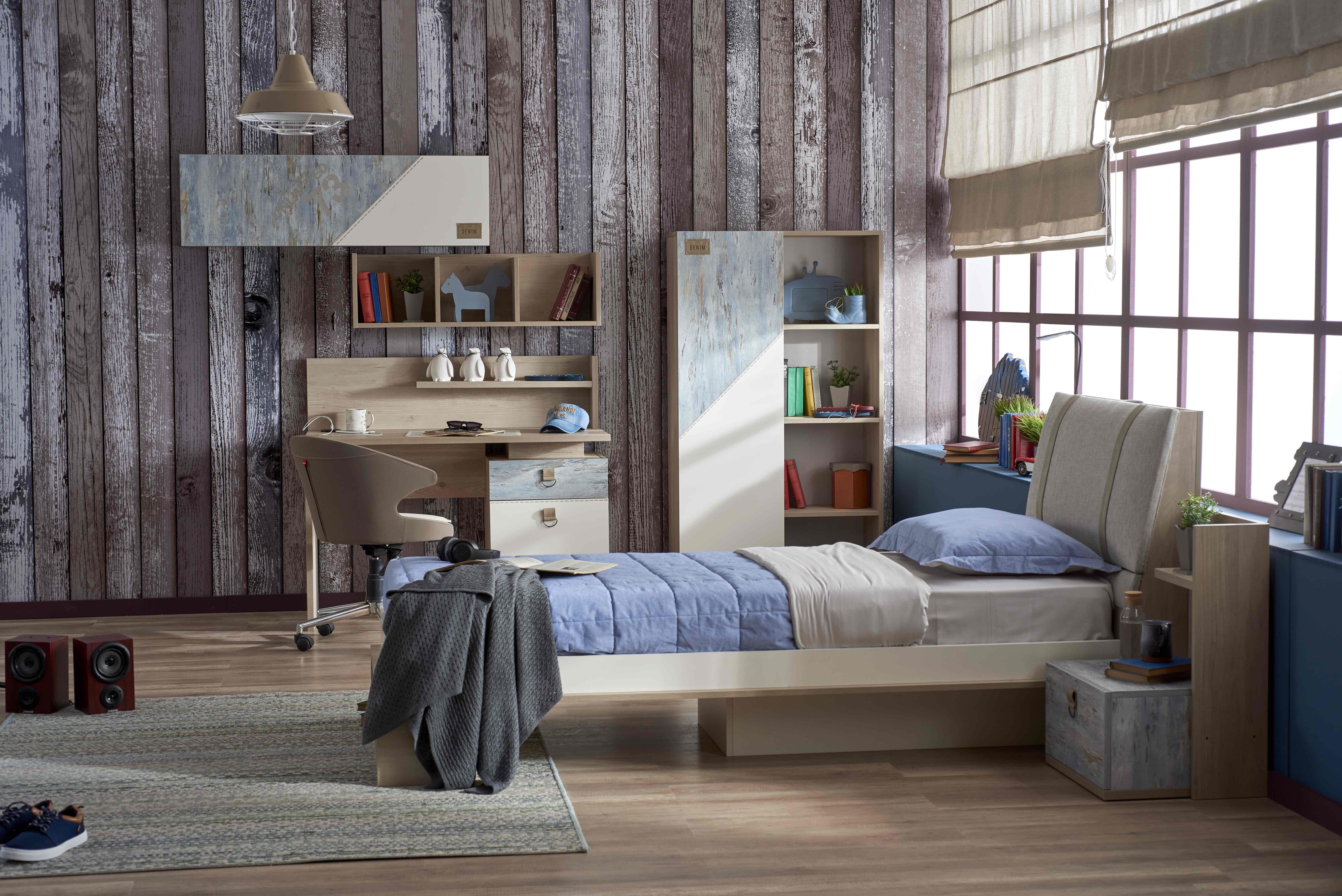 Möbel-Zeit Kinderschreibtisch DENIM Vintage in Holz und blassblau mit integrierter USB-Ladestation, mit integrierter USB-Ladestation