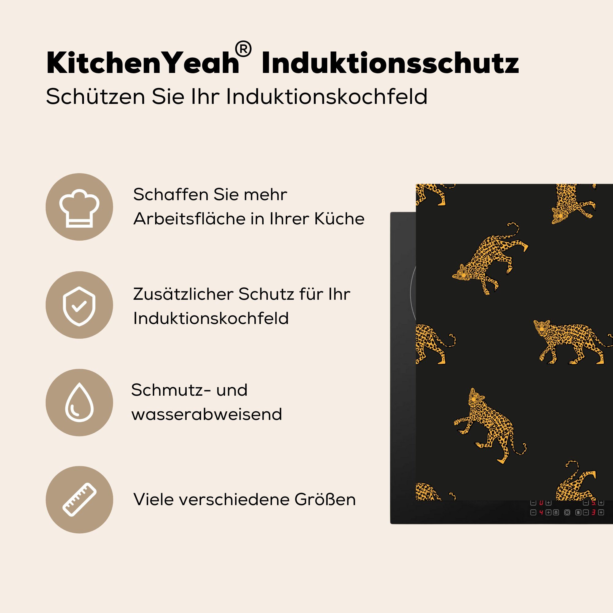 Muster Arbeitsplatte Panther küche Ceranfeldabdeckung, MuchoWow Vinyl, - (1 Gold, cm, tlg), Herdblende-/Abdeckplatte - für 78x78