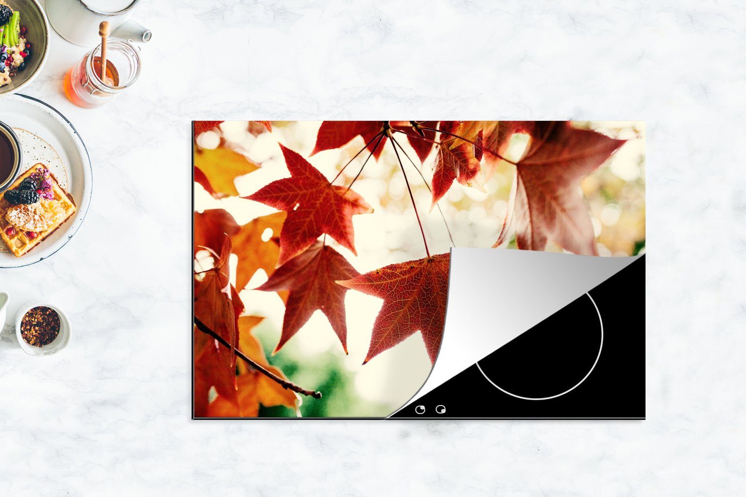 - November cm, (1 - Herdblende-/Abdeckplatte die MuchoWow Vinyl, Induktionskochfeld Schutz für küche, - Herbstblätter 80x52 Bäume, Ceranfeldabdeckung tlg), Natur