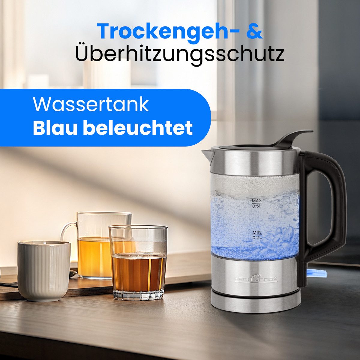 ProfiCook Wasserkocher PC-WKS 1228 G, Wasserkocher Edelstahl, 0,5 L, beleuchtet – Bild 4 von 5