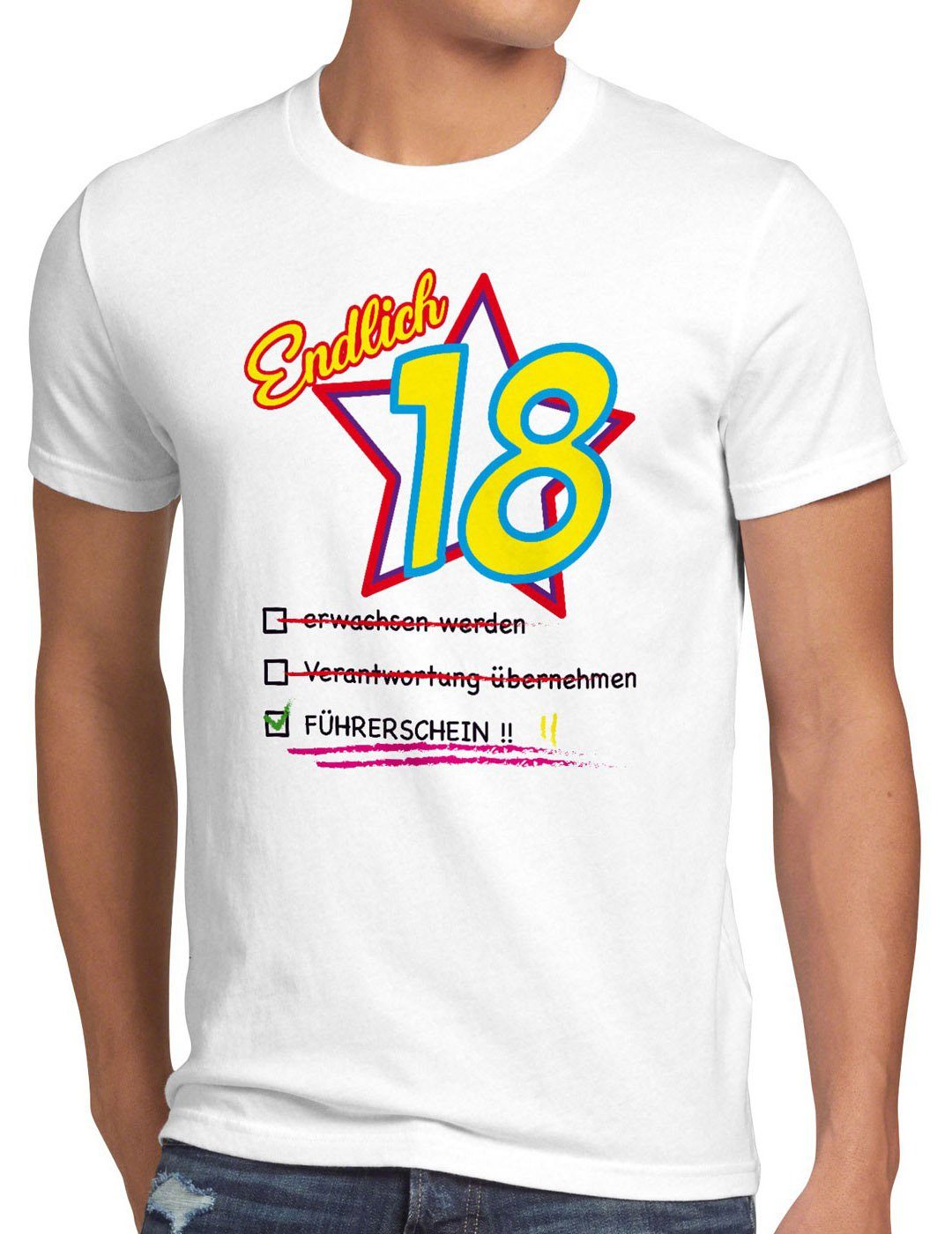 volljährig weiß achtzehn Herren style3 Party Endlich Geburtstag Fun T-Shirt Führerschein Print-Shirt 18