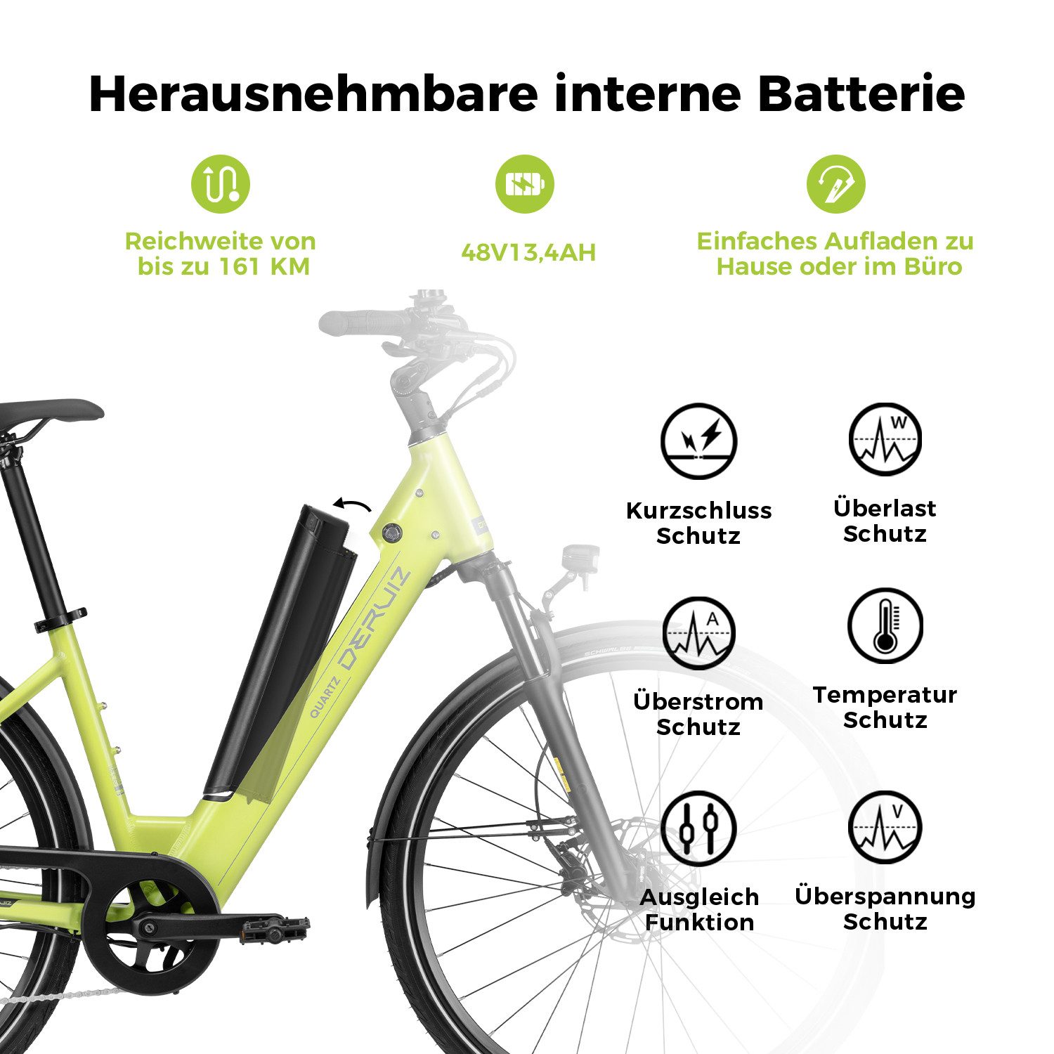 DERUIZ E-Bike Cityrad Quartz E-Bike 28 Zoll Tiefeinsteiger Torque-Sensor, 8 Gang Shimano Altus RD-M310 Schaltwerk, Kettenschaltung, Heckmotor, 644 Wh, (Federgabel mit Lockout Farb-LCD-Display Drehmomentsensor)