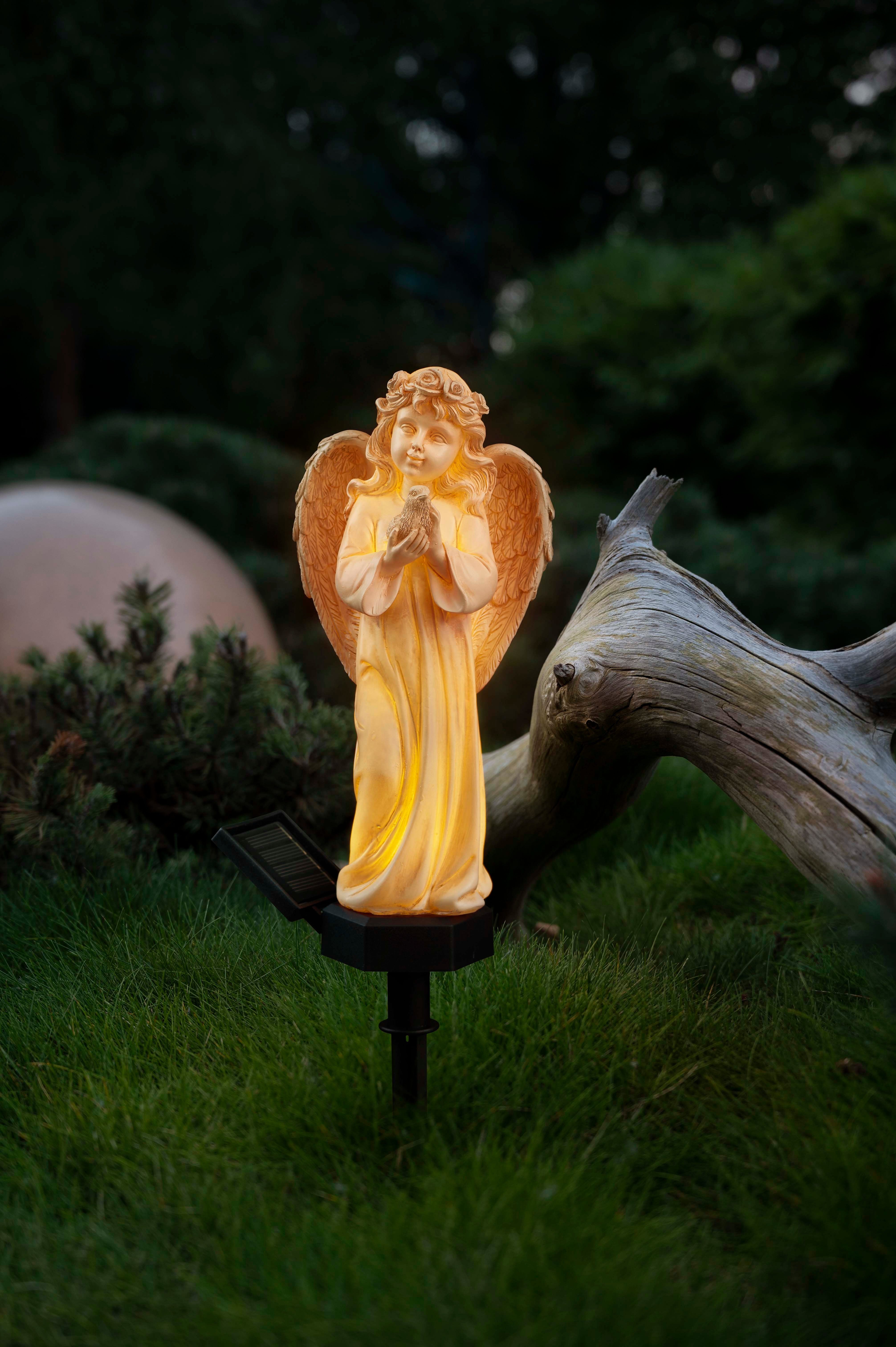 IC Gardenworld LED Solarleuchte Engel Figur mit Solar LED Licht, aus Kunststein gefertigt, LED fest integriert, Warm-weiß, inkl. Erdspieß