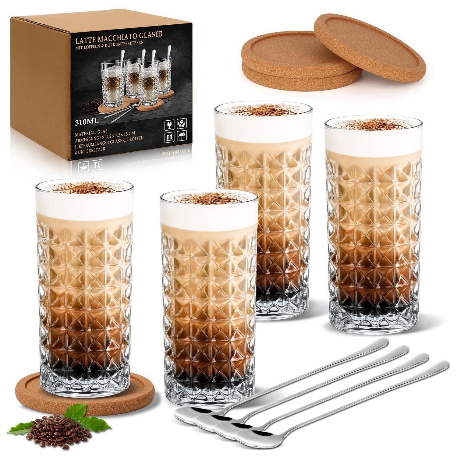 LuxusKollektion Gläser-Set Latte Macchiato Gläser 4er Set 310ml m. Löffel+Untersetzer, Glas