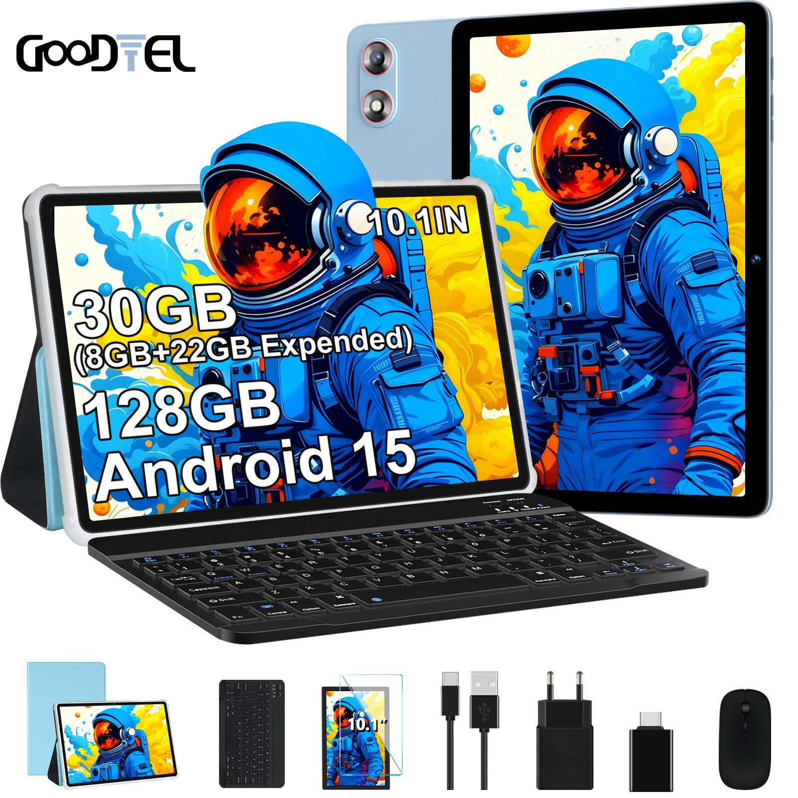 GOODTEL Tablet Android 15, WiFi, 30GB RAM 128GB Speicher/erweiterbar auf 1TB Tablet (10,1", 128 GB, Android 15, 8000 mAh, Widevine L1, Gemini AI, mit Zubehör Tastatur, Maus)