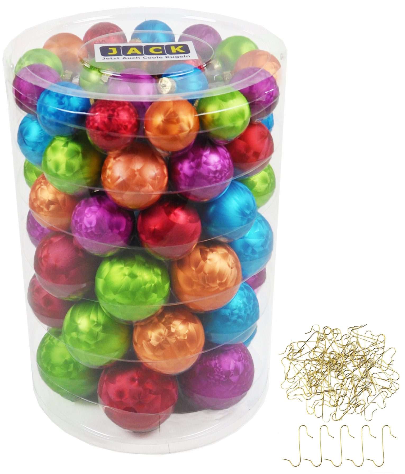 JACK Christbaumschmuck JACK 60x Inge Glas Christbaumkugeln 4 5 6 7 cm Eislack Bunt + Haken, inklusive praktischer Aufbewahrungsbox + Haken, Made in Germany