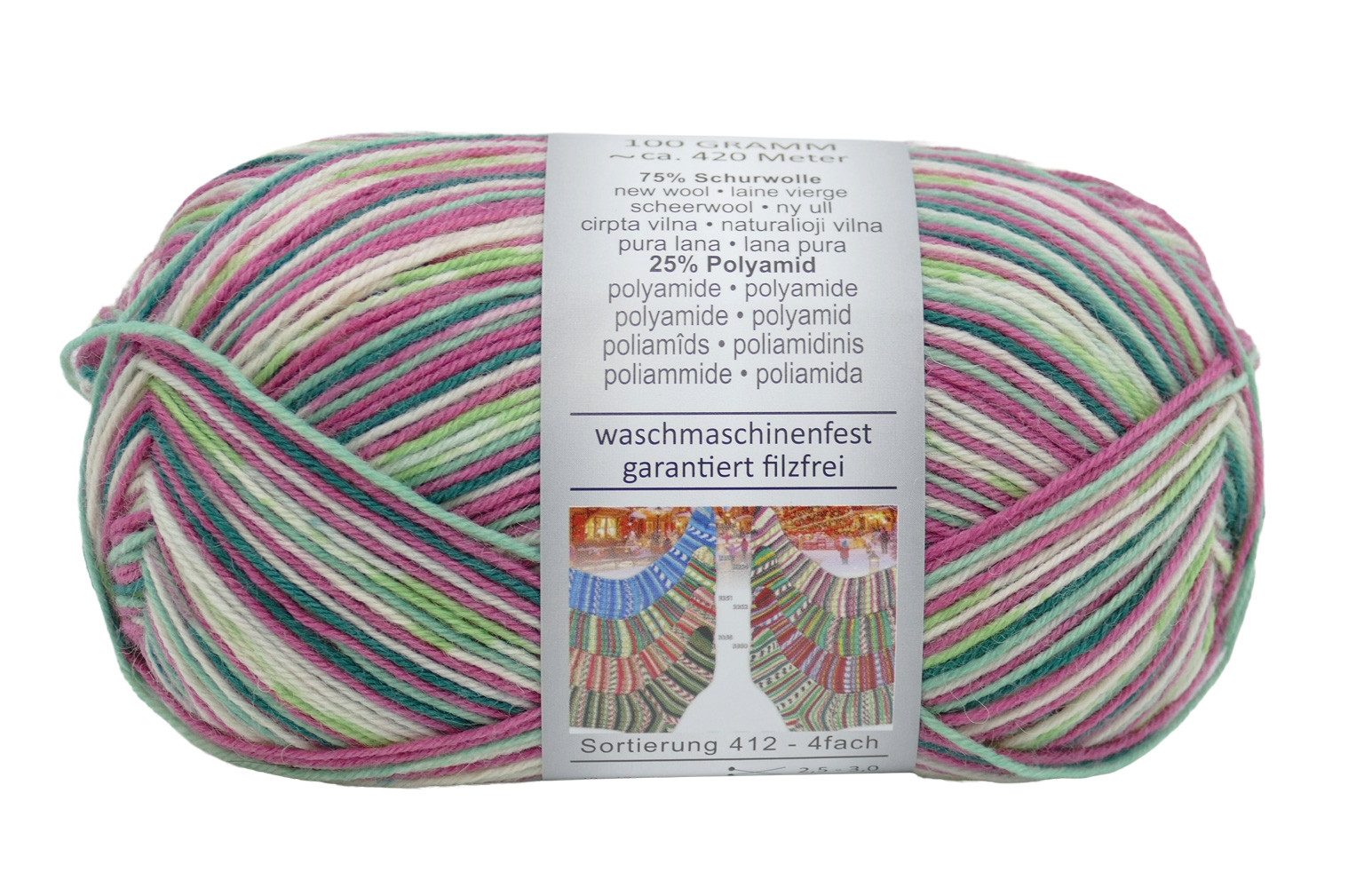 Online Garne Sockenwolle 4fach, Weihnachten, mit Weihnachtsmuster, 100g, 420m Häkelwolle, 420 m (Sockenwolle Weihnachtsmotiv, Sockenwolle 4 fädig), 75% Schurwolle, 25% Polyamid