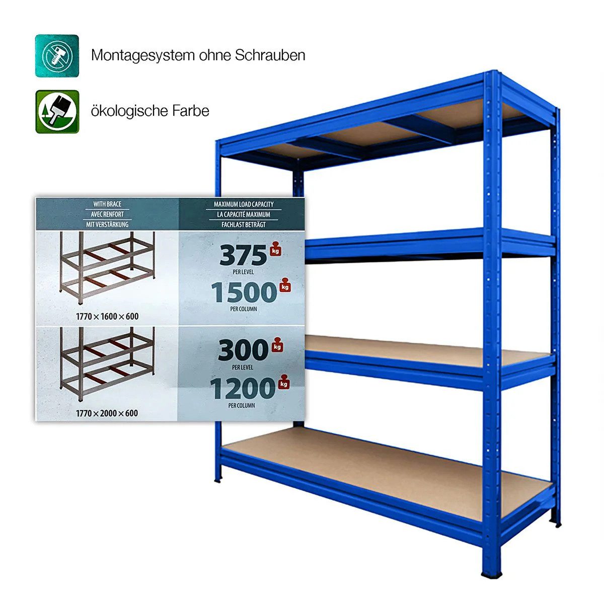 Karat Schwerlastregal Weitspannregal Blau, 7 Größen, 4 stabile Böden, 1200 kg Tragkraft