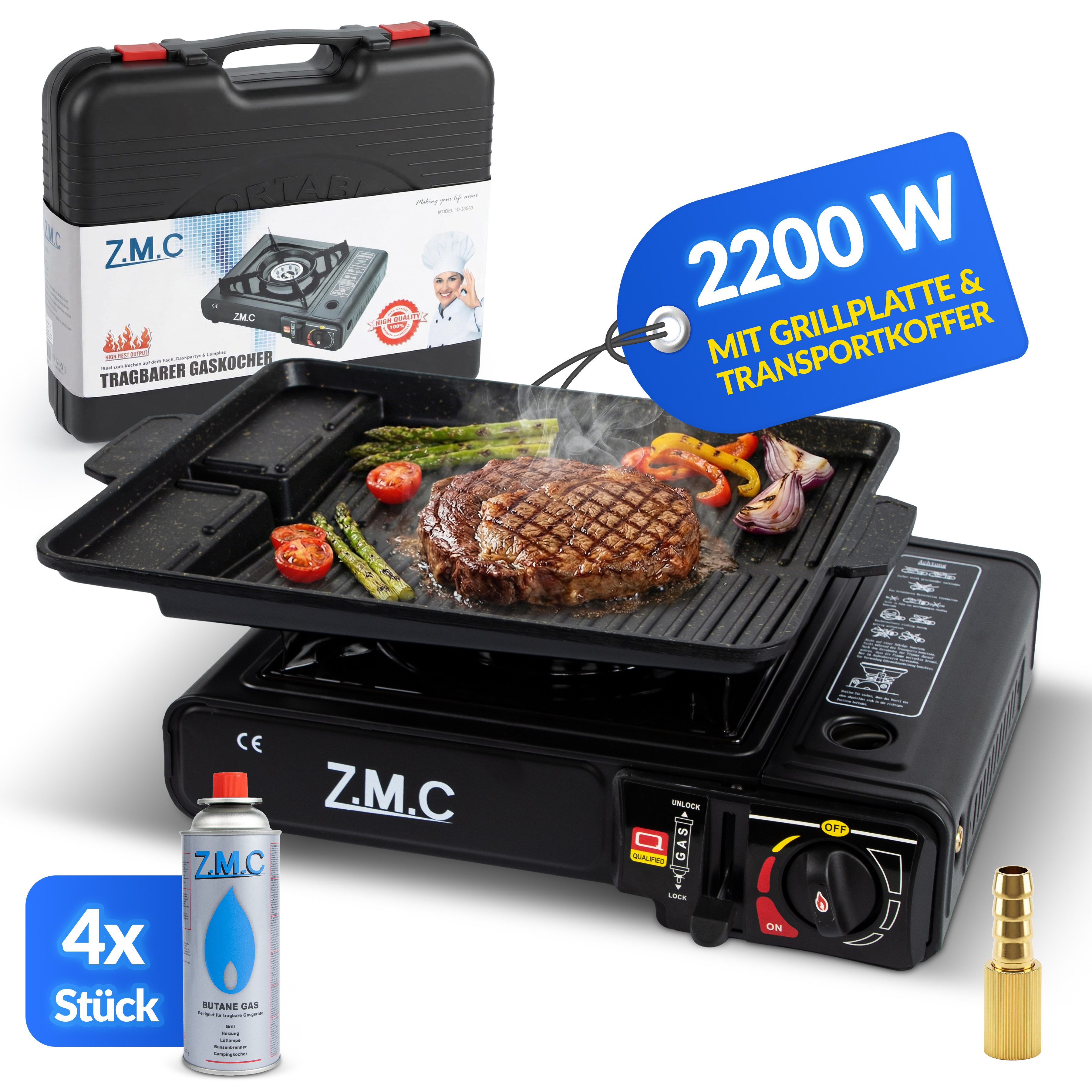 ZMC Gaskocher Campingkocher 1-flammig mit Grillplatte + 4x Gaskartuschen, (Spar-Set, inkl. Transportkoffer, Piezozündung & Windschutz), Gaskochfeld Butan Outdoor Indoor Tischgrill Gasbrenner Gasgrill