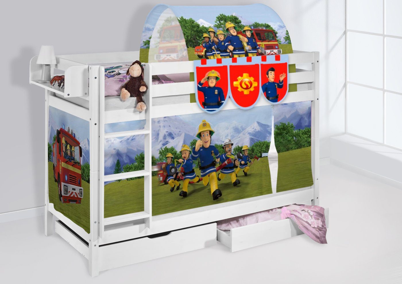 Lilokids Hochbett Etagenbett JELLE inklusive 2 Lattenroste & Vorhang FEUERWEHRMANN SAM