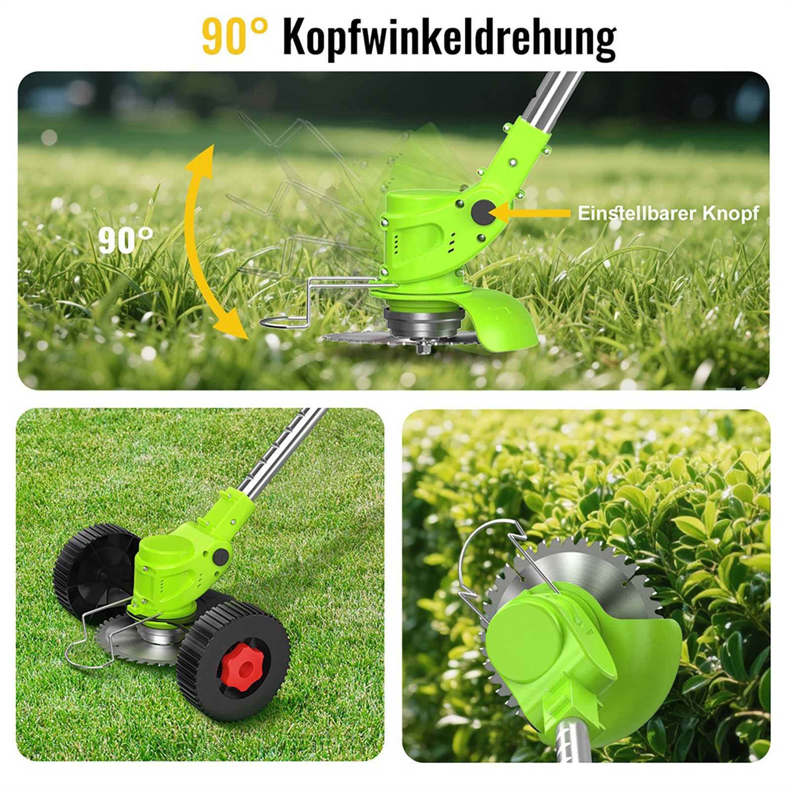 CONENTOOL Akku-Rasentrimmer 2x 2000mAh Akkus 21V, Rädern, 15 cm Arbeitsbreite Messer, (mit Akku und Ladegeät), 4 Arten Klingen, Teleskop-Stiel – Bild 4 von 5