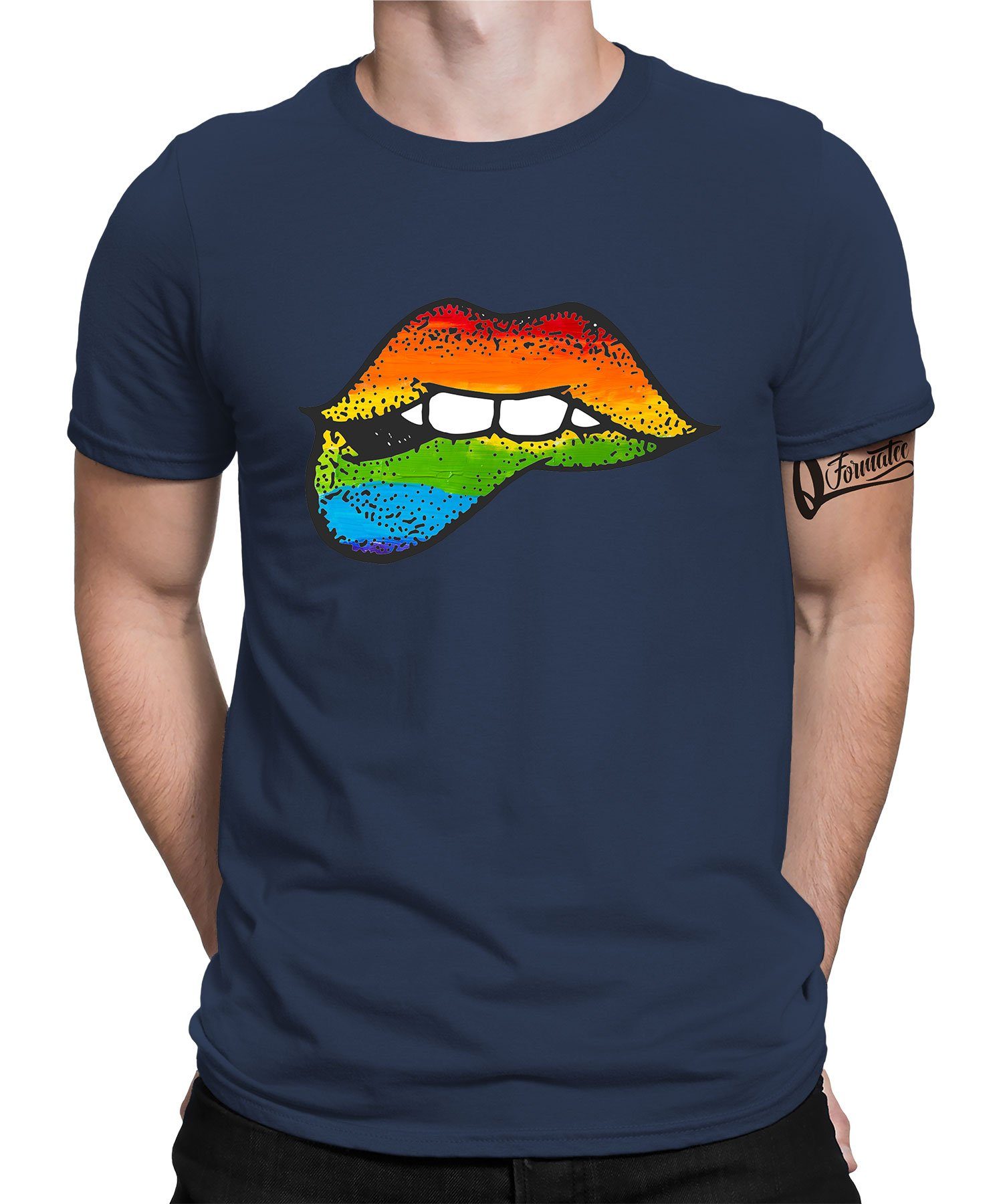 Blau Regenbogen - Stolz Herren Pride Formatee (1-tlg) Navy T-Shirt Gay Kurzarmshirt Lippen Kussmund Quattro LGBT