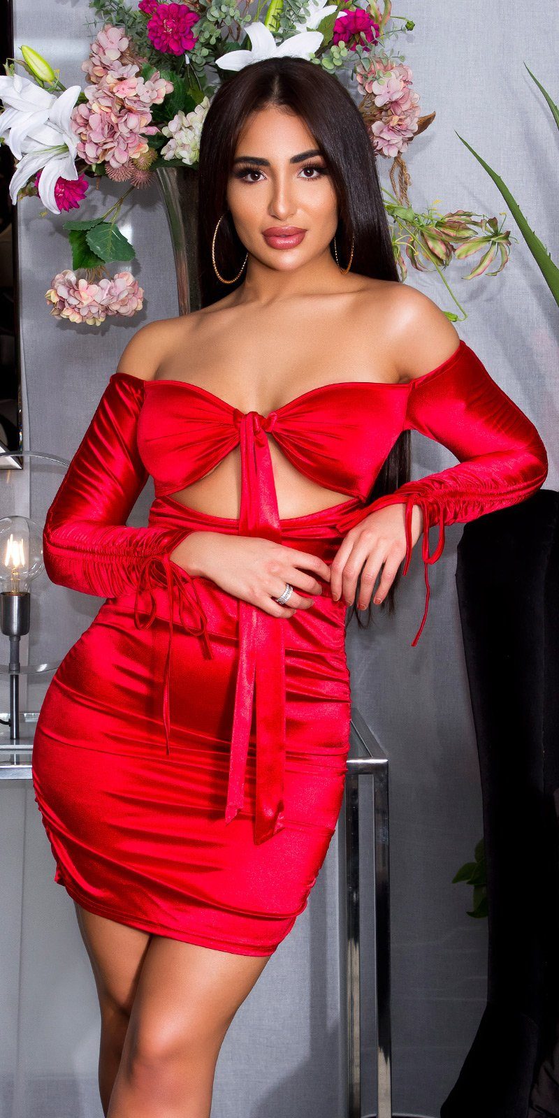 Koucla Off-Shoulder-Kleid gerafftes im rot Satin Look Minikleid