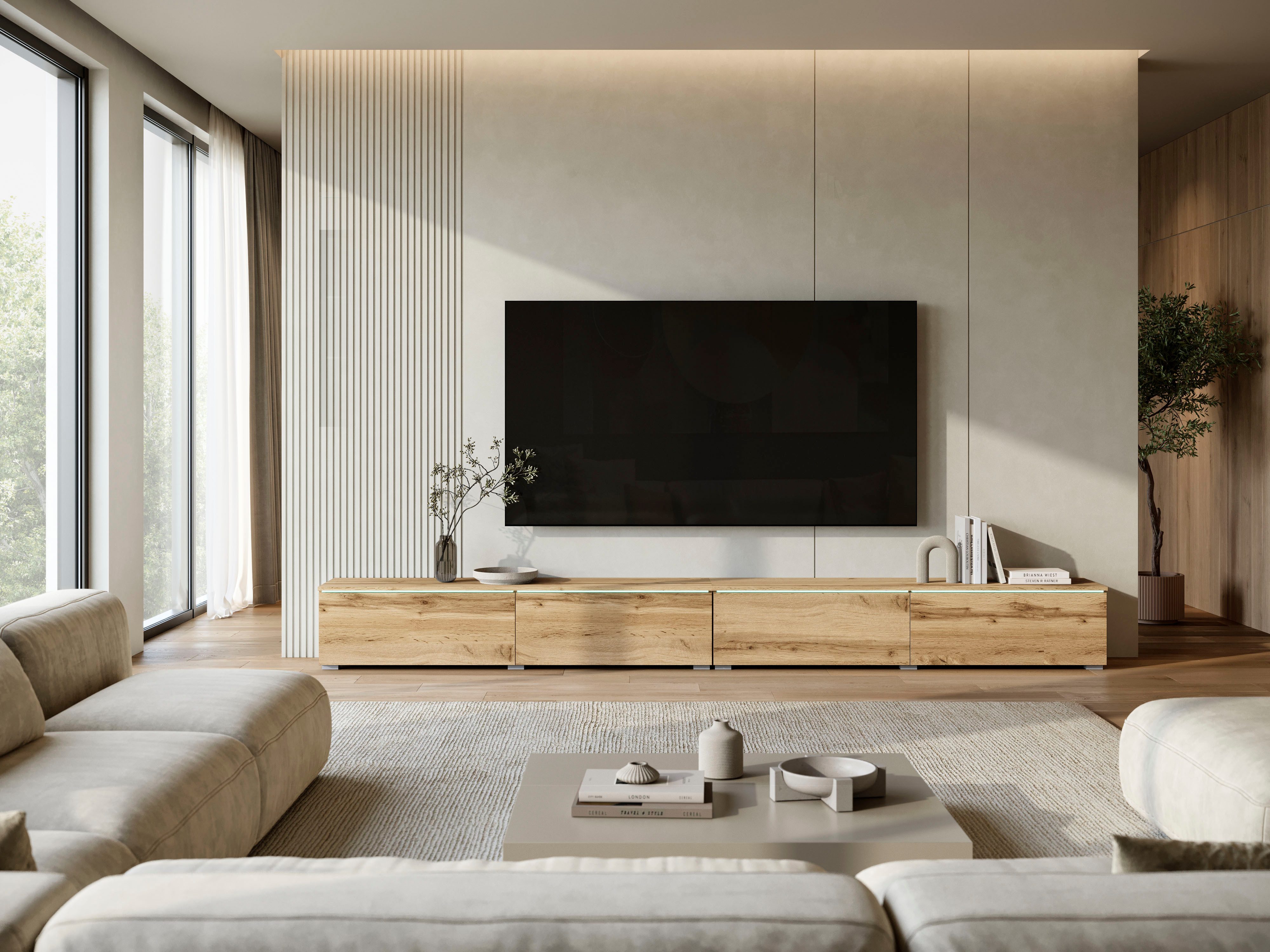 Home affaire Lowboard Vera, TV-Schrank, Breite 300 cm, verschiedene Farbausführungen (1 St), Mit LED, 4 Klappen, grifflose Fronten, hängend oder stehend