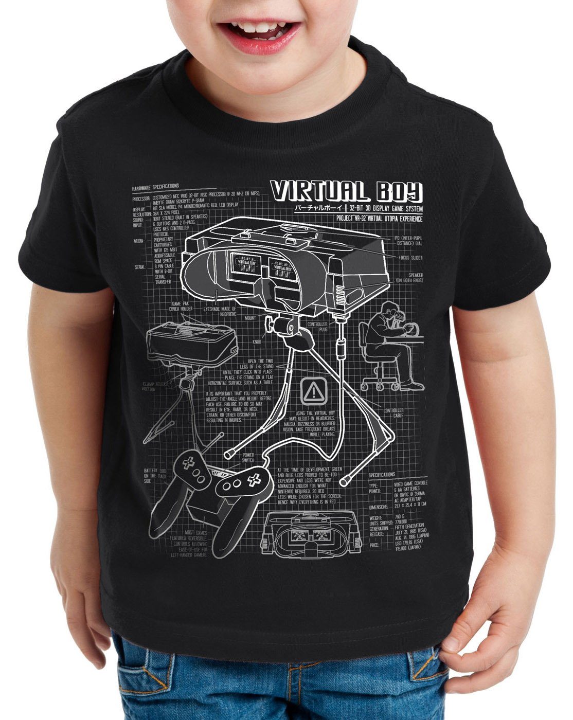 style3 Print-Shirt Kinder T-Shirt Virtual Boy Blaupause 32-Bit videospiel controller schwarz