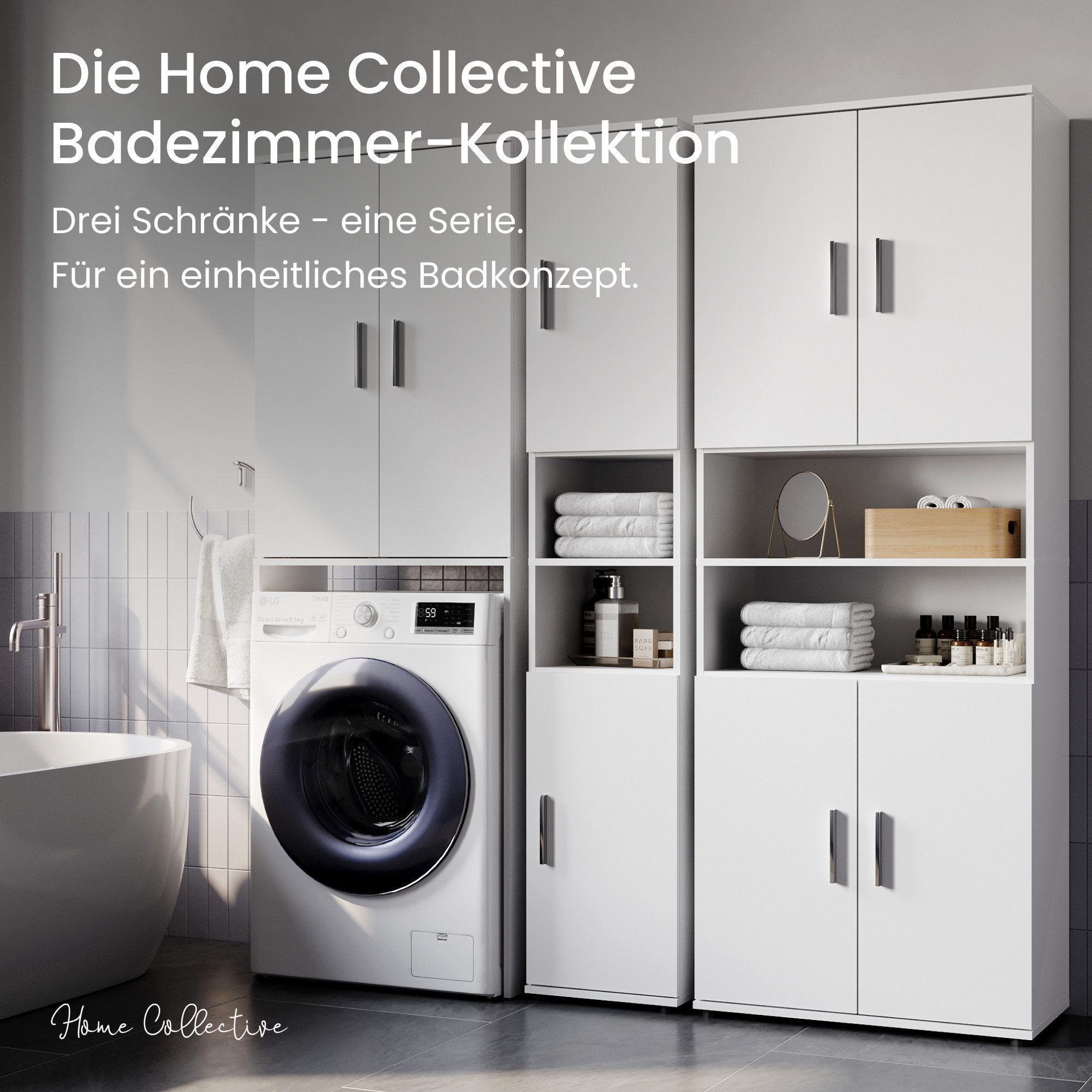 Home Collective Waschmaschinenumbauschrank Hochschrank mit 3 Fächern robust und pflegeleicht 65x30x187 cm (BxTxH), Weiß, praktisch & viel Stauraum