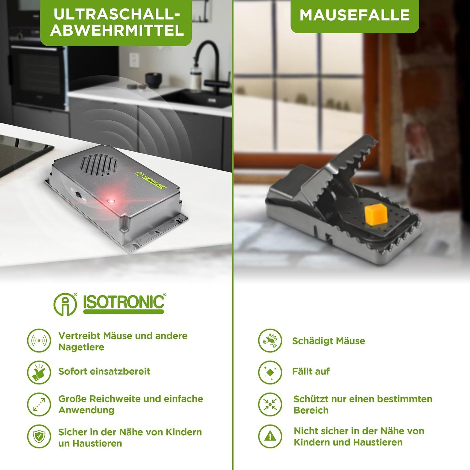 ISOTRONIC Ultraschall-Tierabwehr Isotronic Mäuse-, Rattenfrei Mobil, Batterie, 1-tlg.