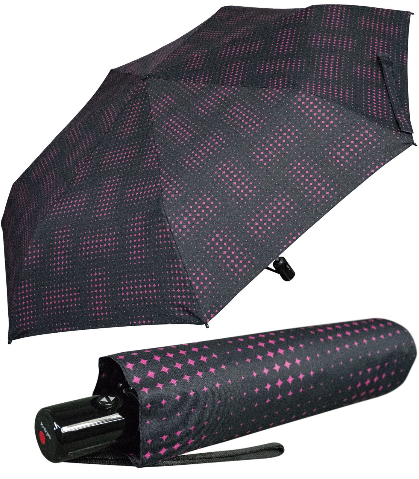 Knirps® Taschenregenschirm leichter, kompakter Schirm mit Auf-Zu-Automatik, schönes Design für Damen - Sterne pink Stars