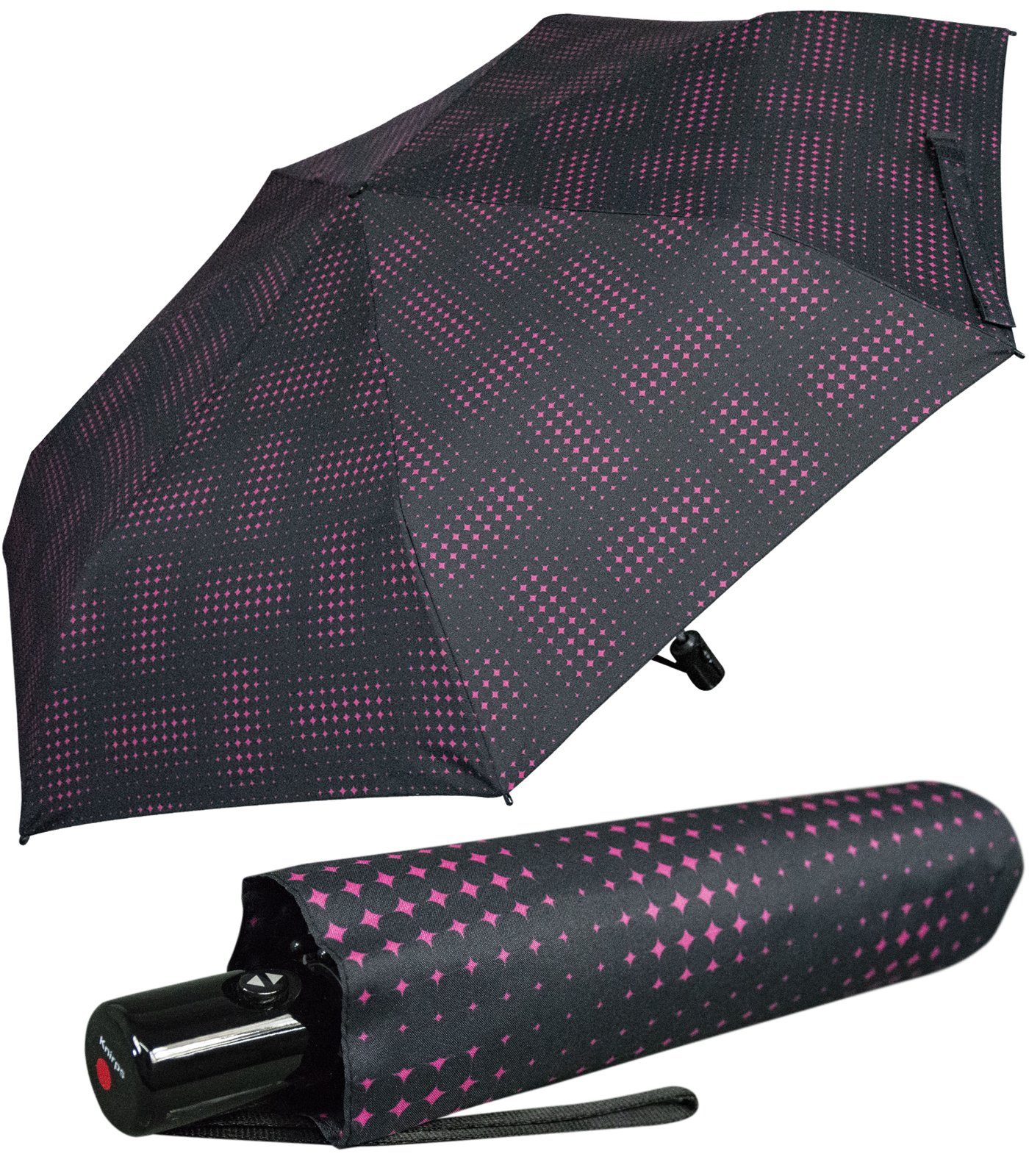 Knirps® Taschenregenschirm leichter, kompakter Schirm mit Auf-Zu-Automatik,  schönes Design für Damen - Sterne pink Stars