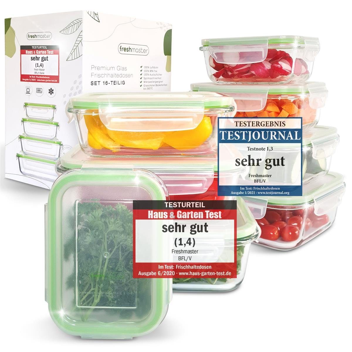 Fresh Master Frischhaltedose 16-tlg. Glas Vorratsdosen Set Frischhaltedosen auslaufsicher luftdicht, Borosililatglas, (Spar-Set), 100% auslaufsichere + luftdichte Vorratsdosen mit Deckel