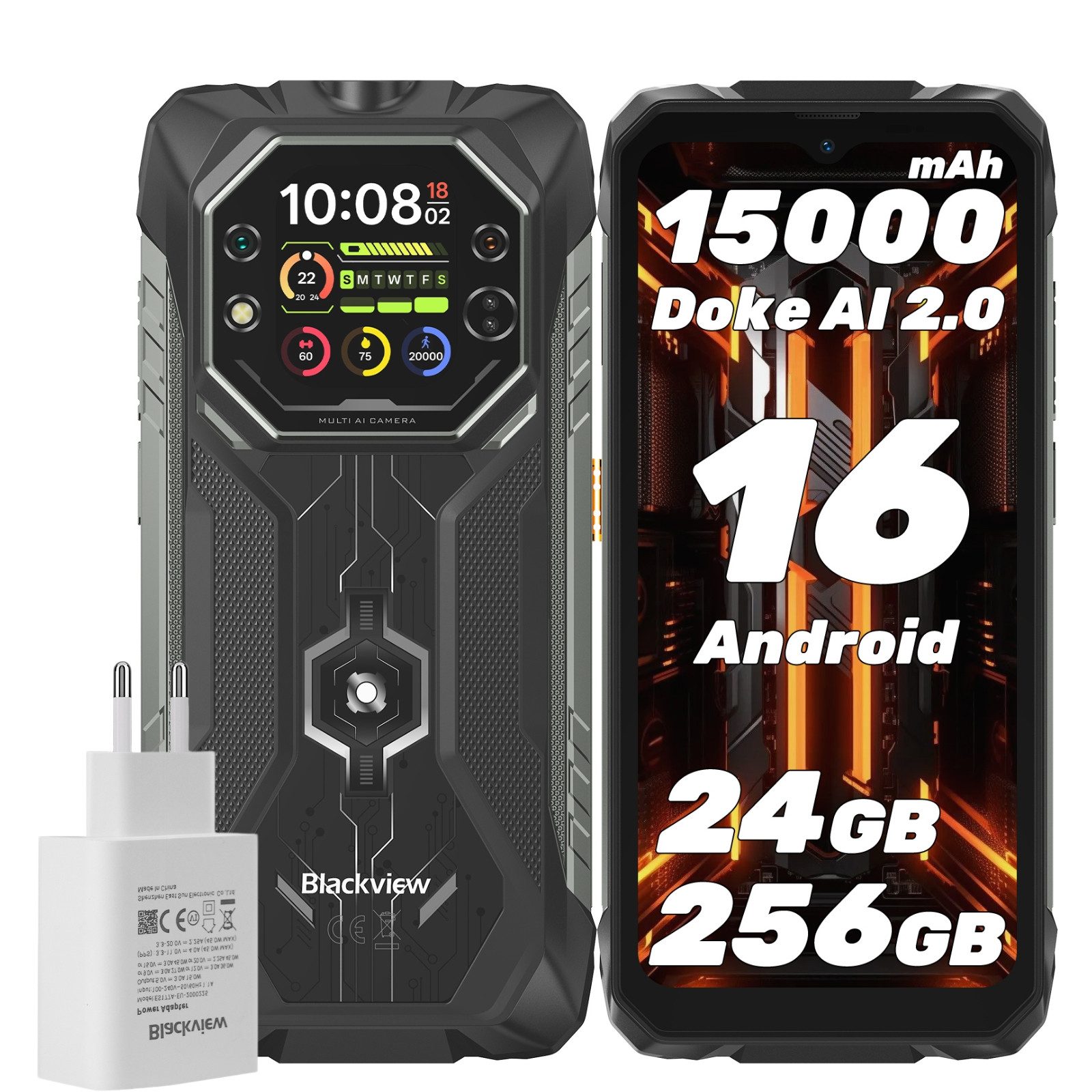 blackview ROCK 1 Android 16, 20 MP Nachtsicht, Dual-Display inkl. 45W Outdoor Smartphone (16,66 cm, 256 GB Speicherplatz, 16 MP + 20 MP Kamera, Android 16, 6,56"+2.01", 256GB, 16MP+20MP Nachtsicht, 33W)
