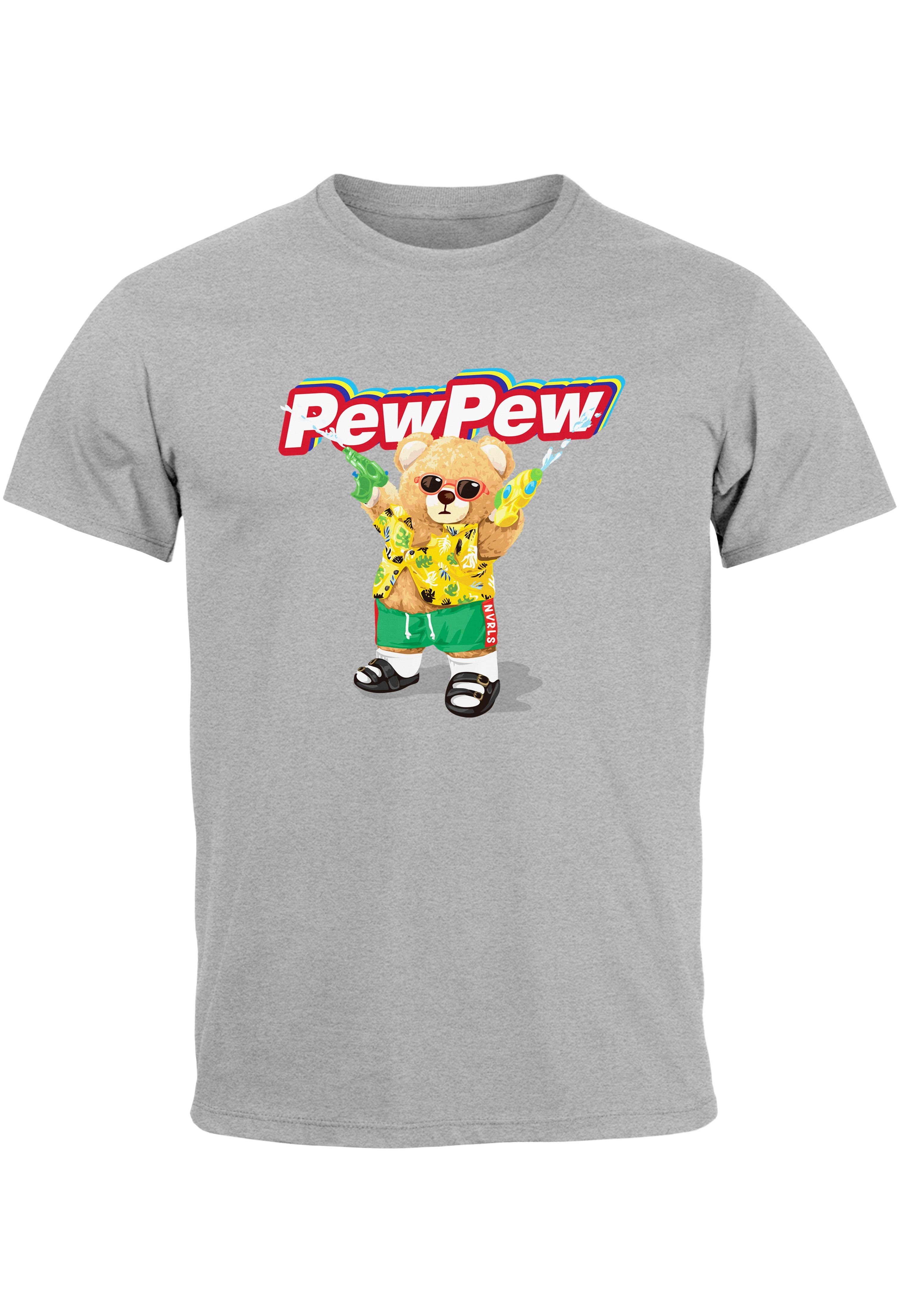 Neverless Print-Shirt Herren T-Shirt Pew Pew Bär Sommer Printshirt Aufdruck Motiv lustig Fas mit Print grau